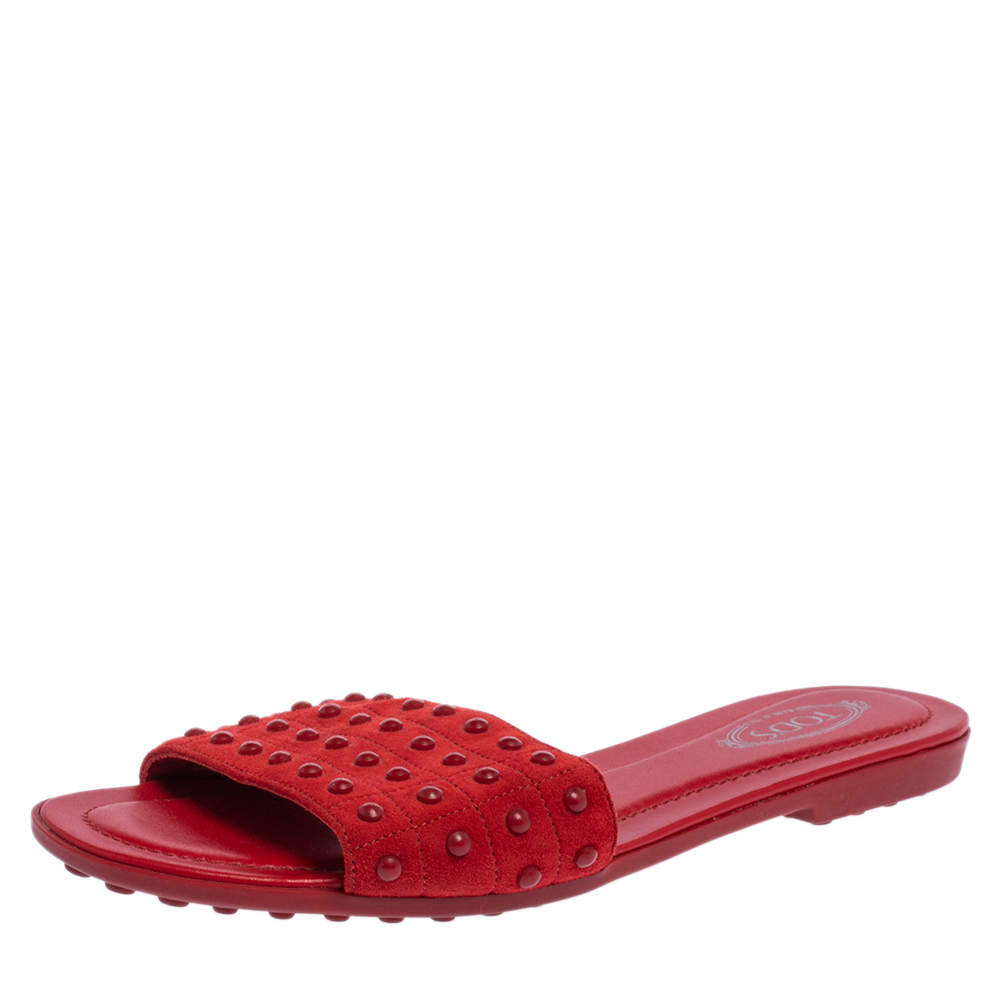Tod's Red Suede  Flat Slides Sandals Size 37