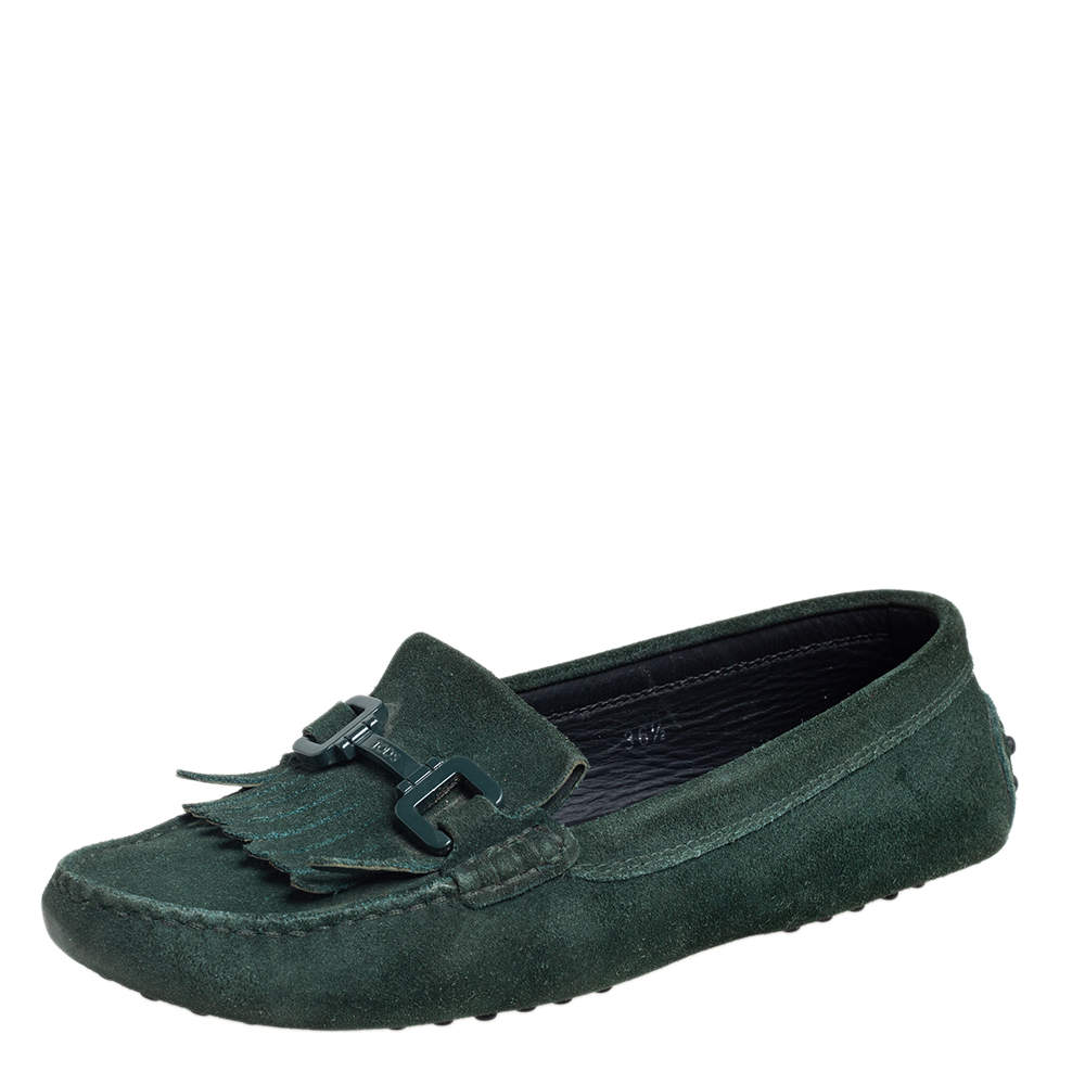 Pre Owned Tod's Green Suede Fringe Slip On Loafers Size 36.5