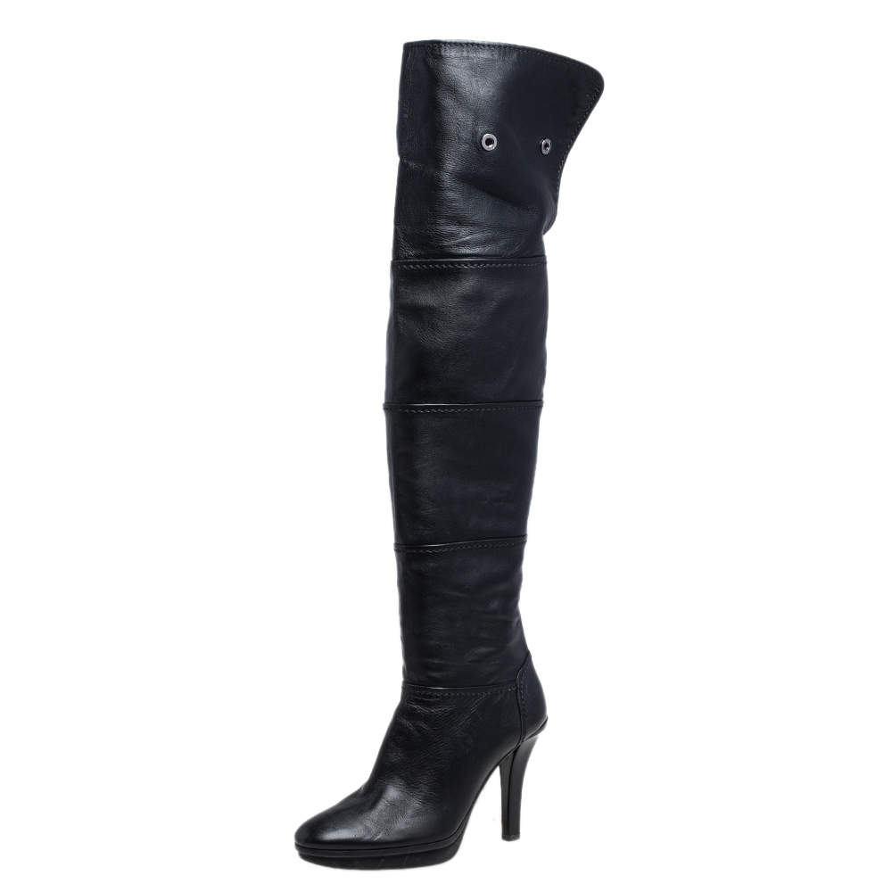 مملوكة مسبقًا Tod's Black Leather Platform Over The Knee Boots Size 39.5