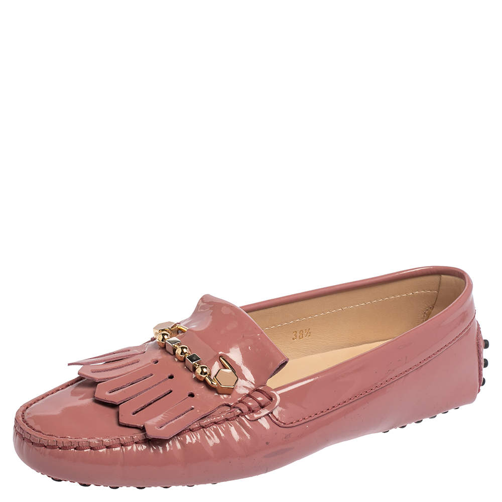 Tod's Pink Patent Leather Fringe Safety Pin Loafers Size