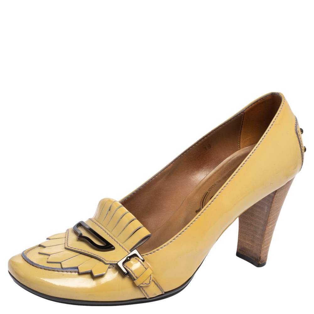 Tod's Yellow Patent Leather Fringe Loafer Pumps Size 39