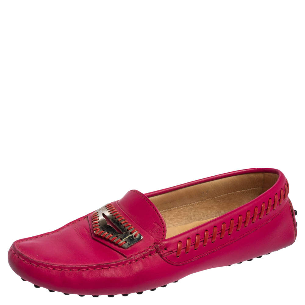 Tod's Fuchsia Leather Whip Stitch Detail Penny Slip On Loafers Size 38