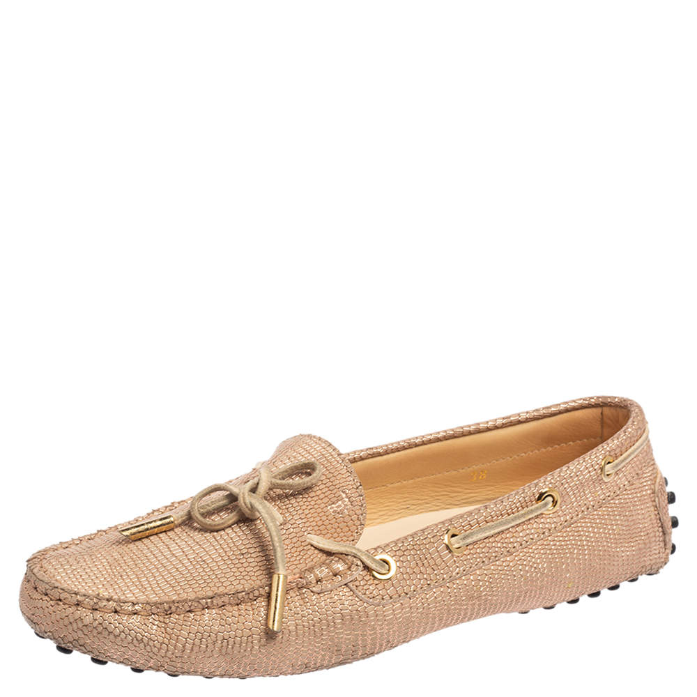 Pre Owned Tod's Rose Gold Lizard Embossed Leather Bow Loafers Size 38
