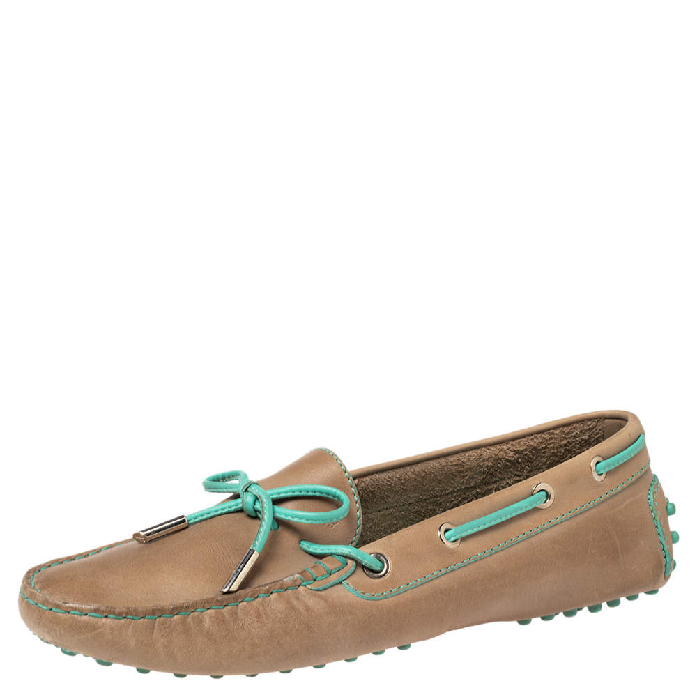 Tod's Light Brown/Turquoise Leather Bow Loafers Size 39