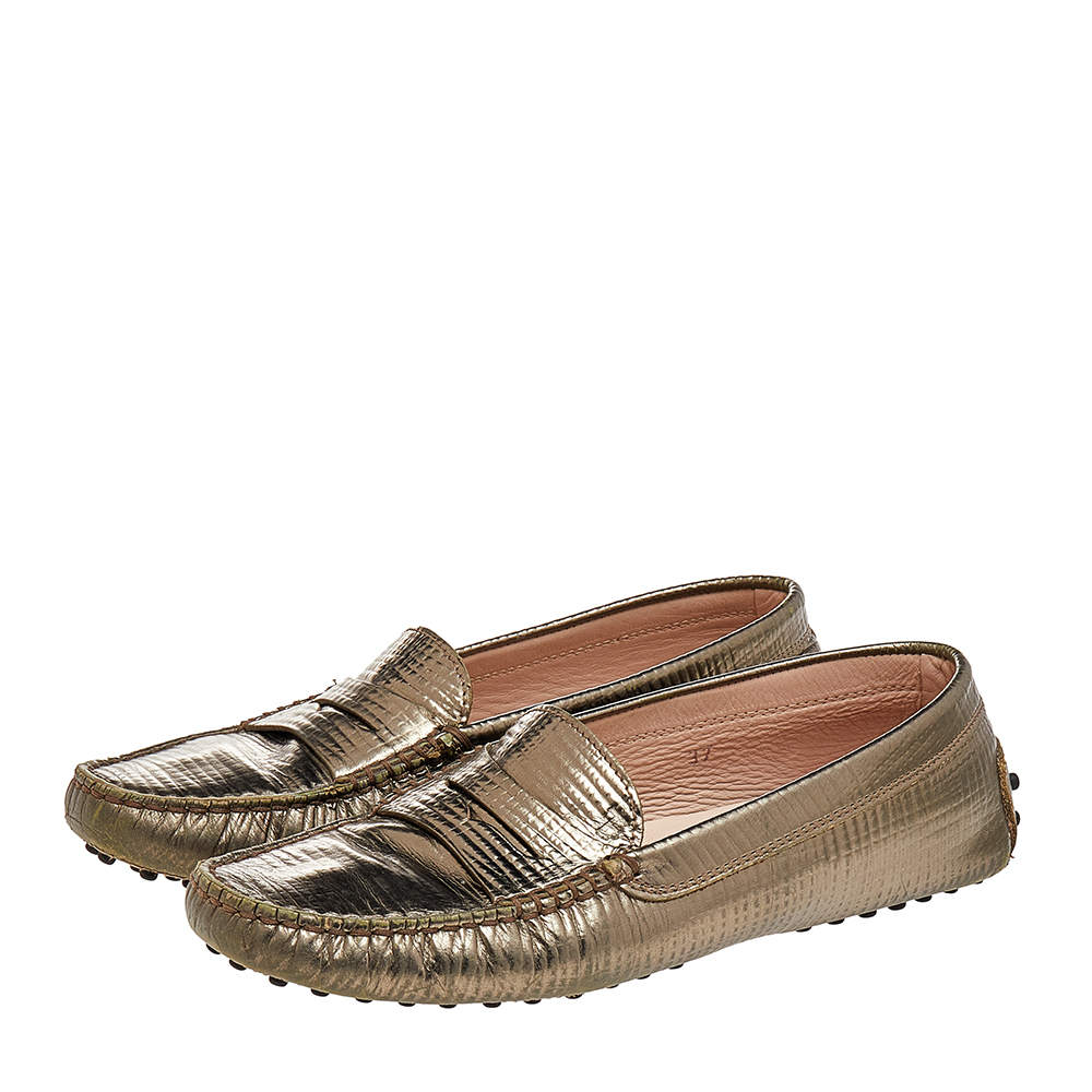 Pre Owned Tod's Metallic Bronze Lizard Embossed Leather Penny Loafers Size 37