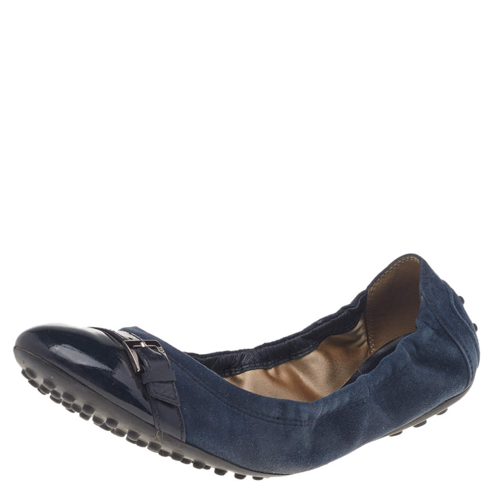 Tod's Blue/Black Suede And Patent Leather Cap Toe Scrunch Ballet Flats Size 38.5