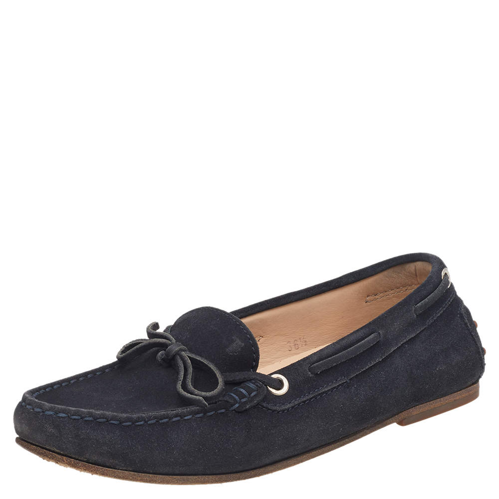 Pre Owned Tod's Navy Blue Leather Bow Slip On Loafers Size 36.5