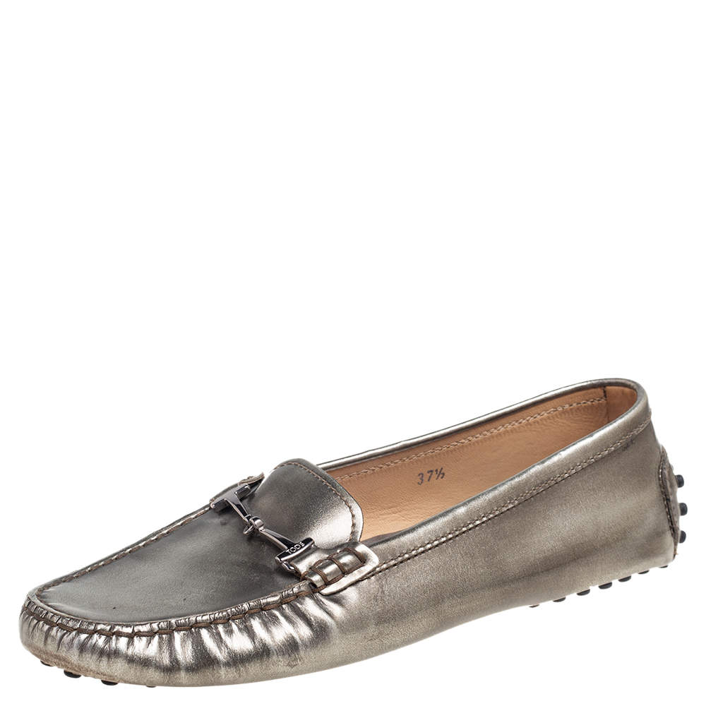 Pre Owned Tod's Grey Patent Leather Horsebit Loafers Size 37.5