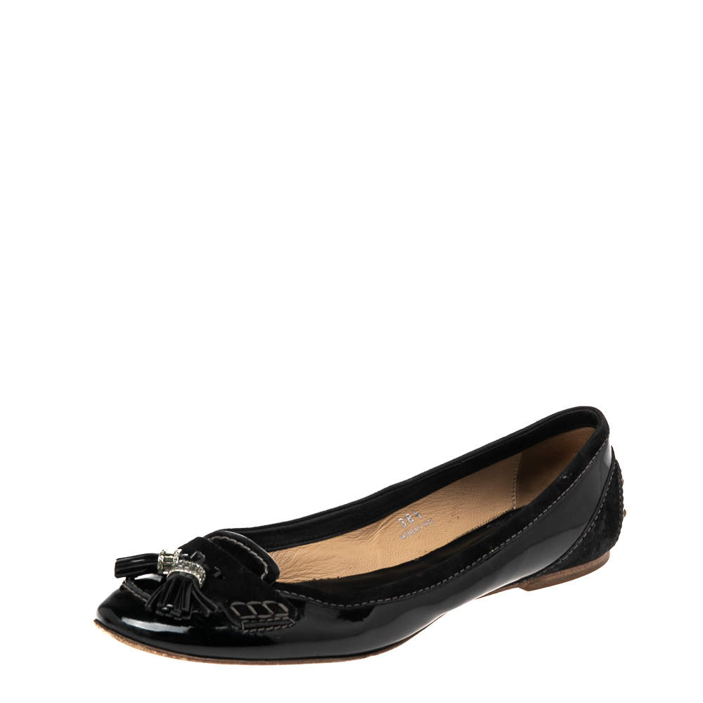 مملوكة مسبقًا Tod's Black Patent And Suede Gommino Driving Loafers Size 38.5