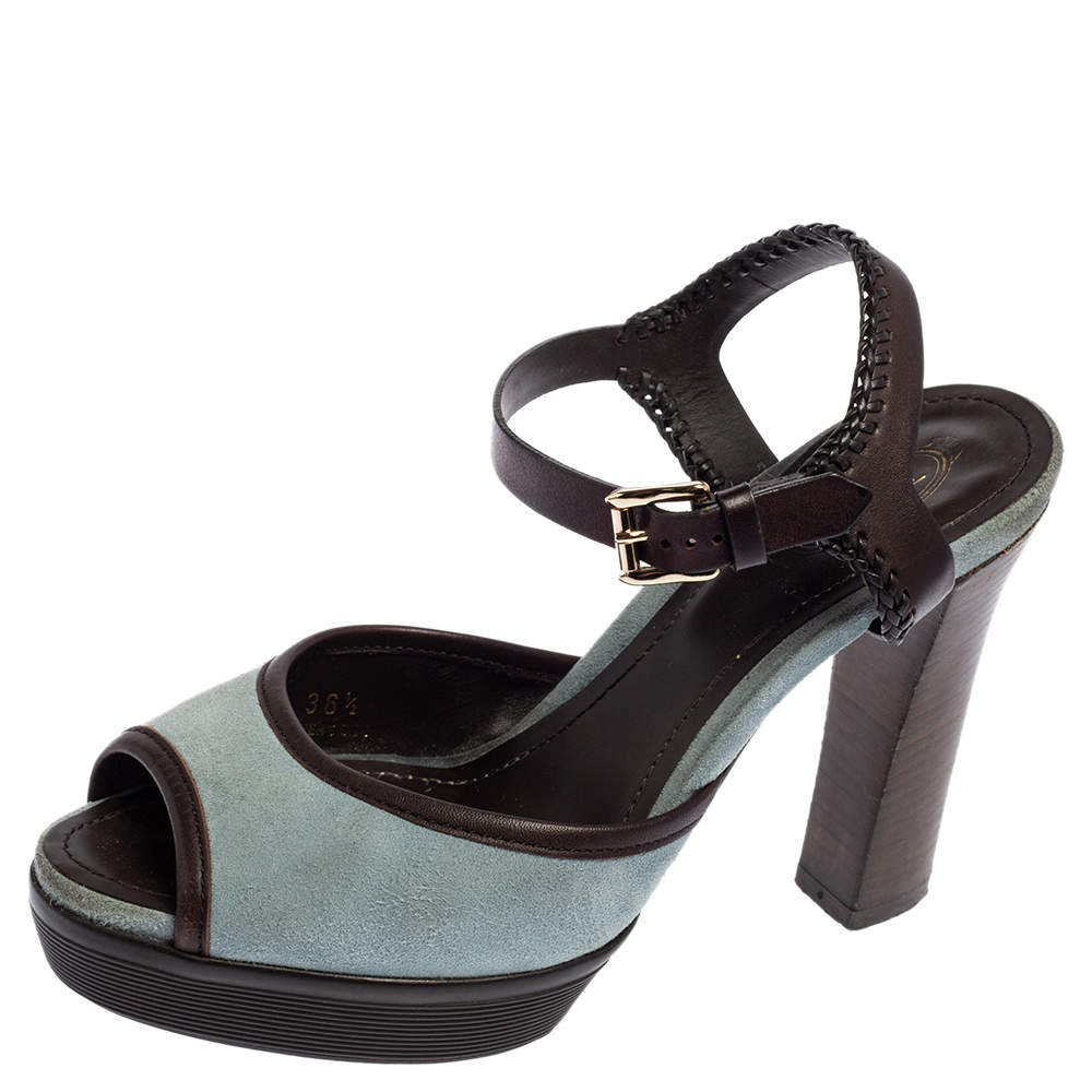 Pre Owned صندل تودزجلد وسويدي بني داكن/أزرق فاتح مجدول نعل سميك مقاس 39.5