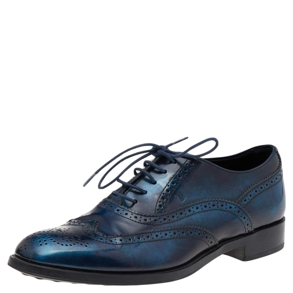 Tod's Blue Brogue Leather Lace Up Oxfords Size 38