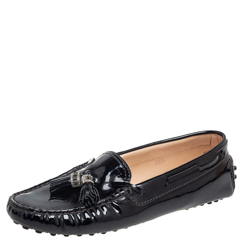 Pre Owned Tod's Black Patent Leather Bow Slip On Loafers Size 35.5
