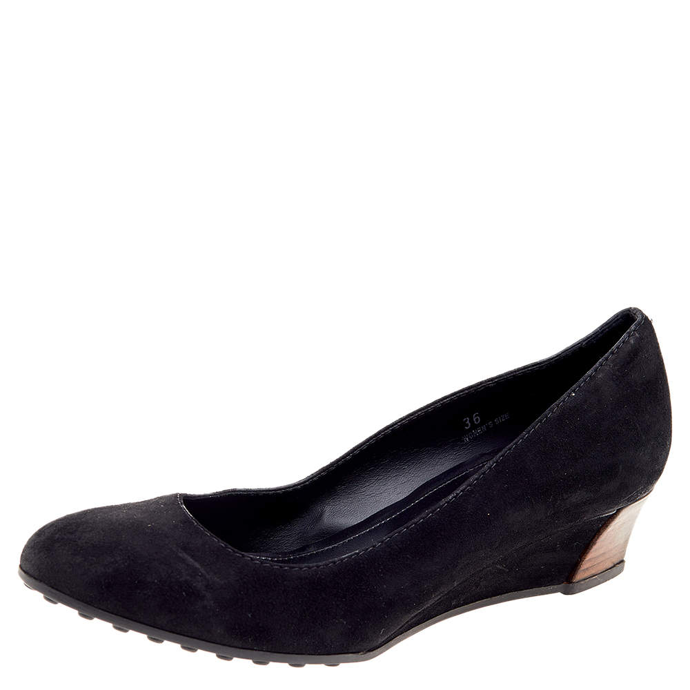 Pre Owned Tod's Black Suede Wedge Pumps Size 36