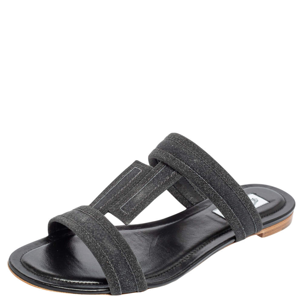 Pre Owned Tod's Black Glitter Leather Flat Slides Size 38.5