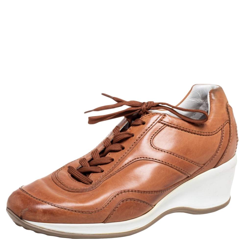 Pre Owned Tod's Tan Leather Icon Trade Lace-Up Wedge Sneakers Size 36