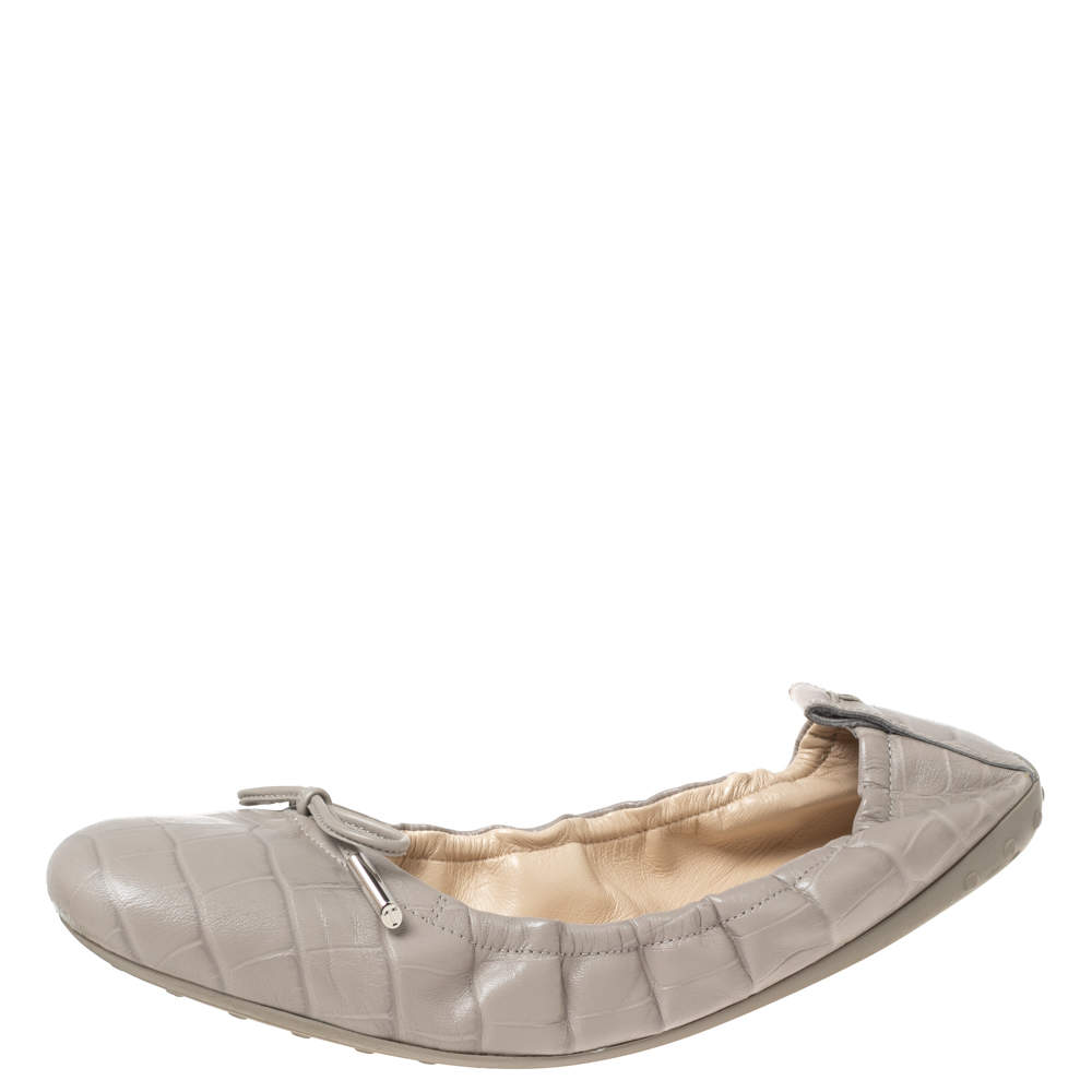 Pre Owned Tod's Grey Croc Embossed Leather Bow Detail Scrunch Ballet Flats Size 40.5
