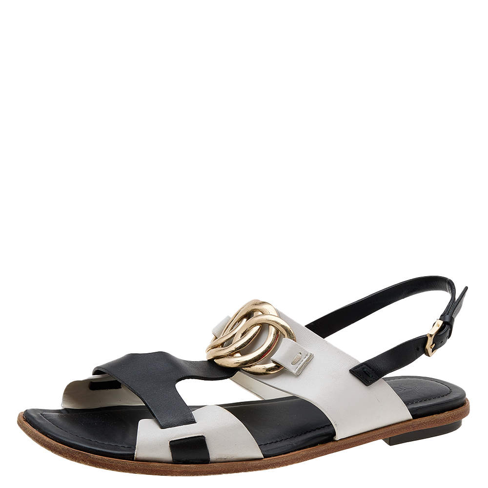 مملوكة مسبقًا Tod's Black/White Leather Embellished Flat Sandals Size 39.5