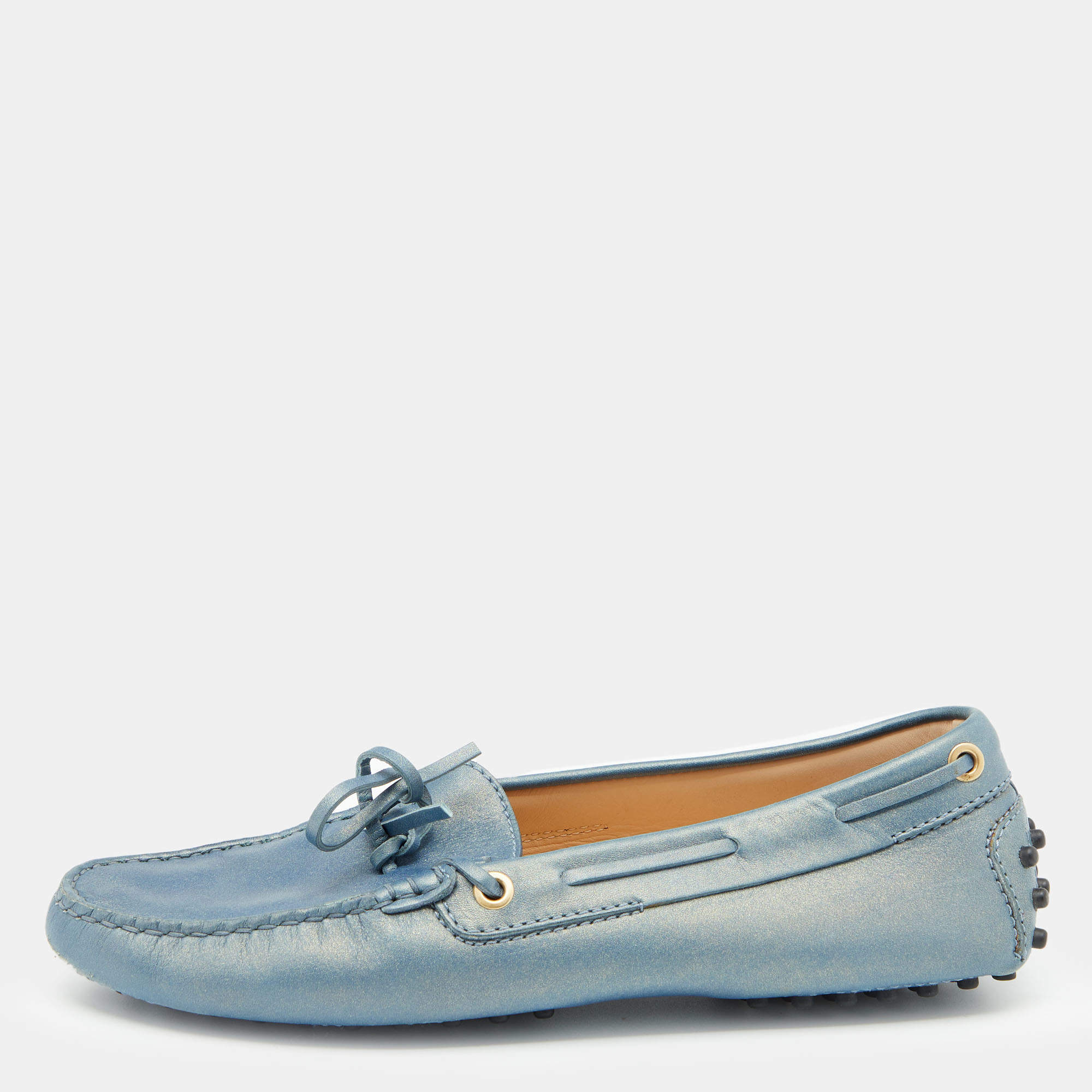 Pre Owned Tod's Blue Iridescent Leather Bow Slip On Loafers Size 37.5