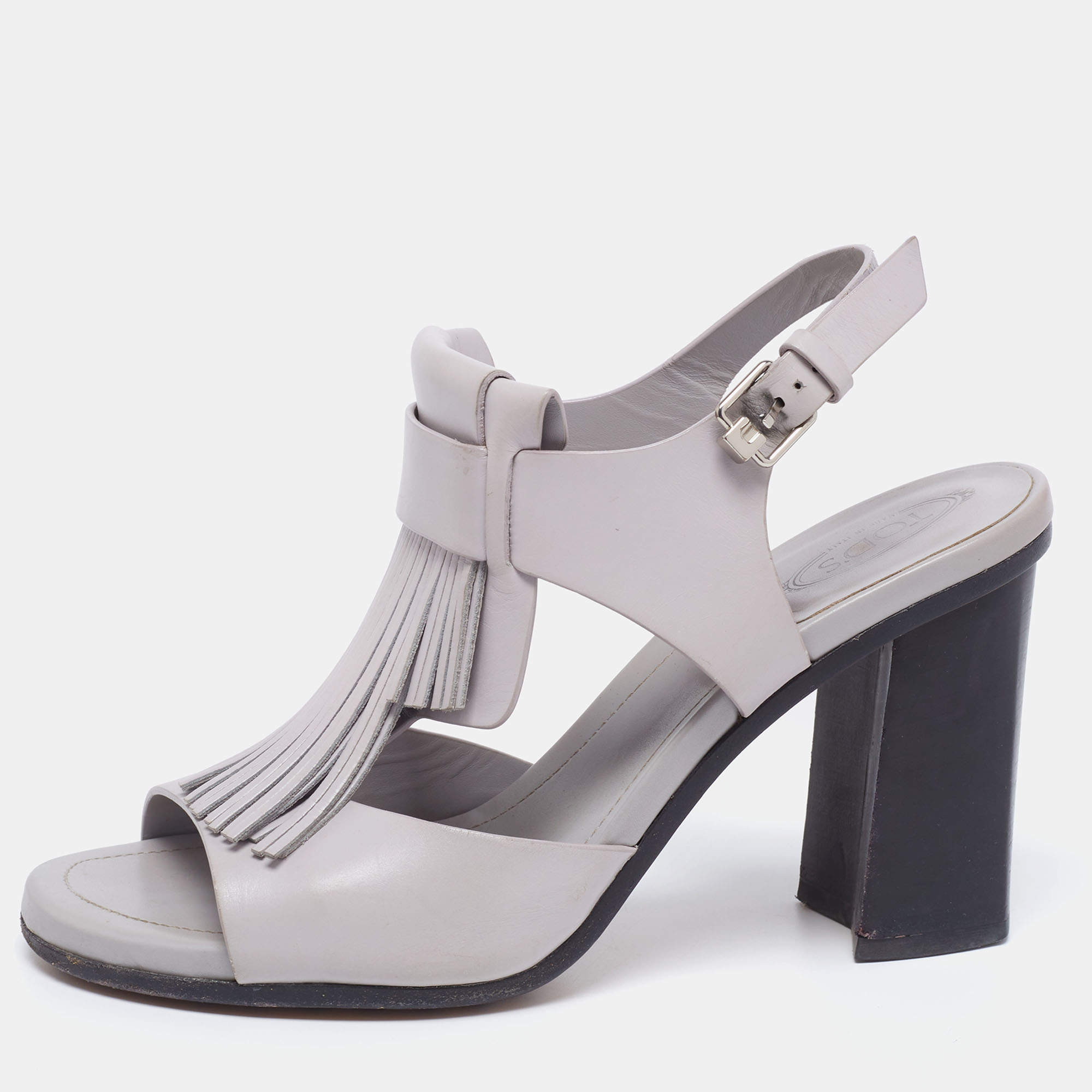 Tod's Grey Leather Fringe Detail Ankle Strap Sandals Size 37