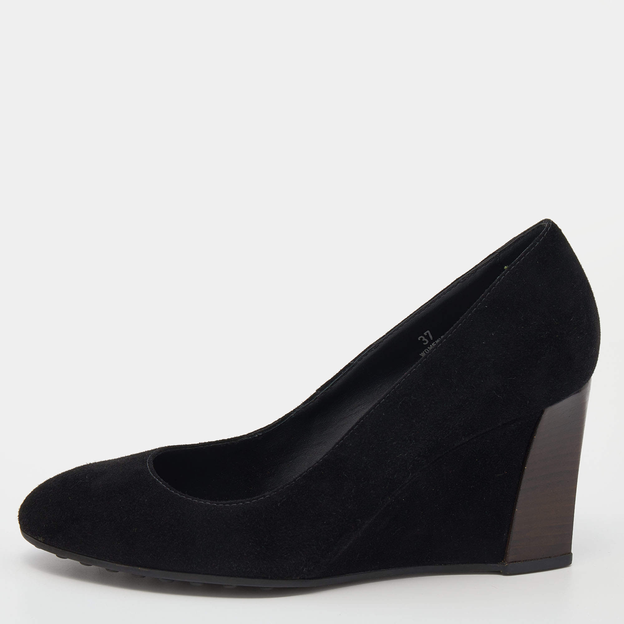 Pre Owned Tod's Black Suede Wedge Pumps Size 37