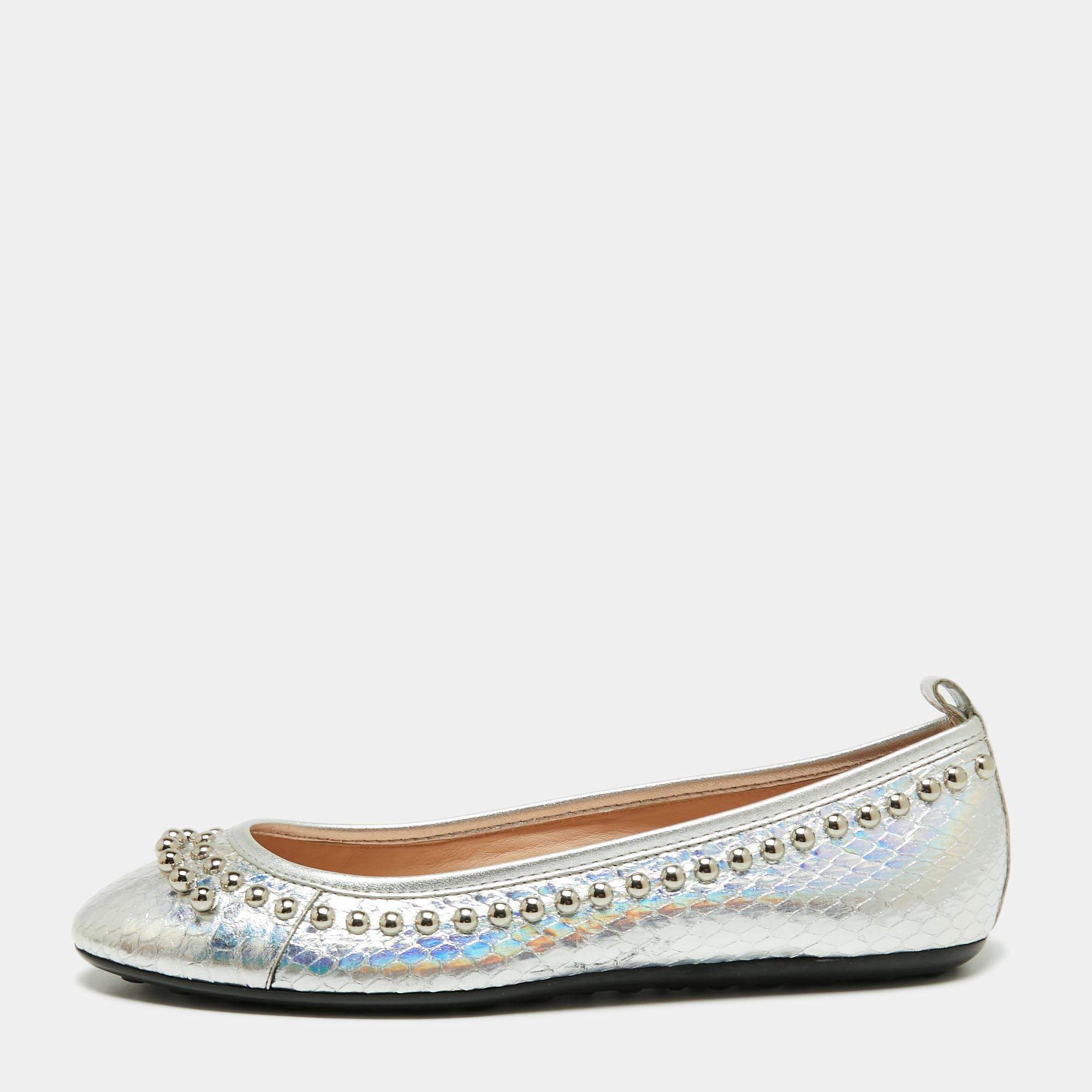 Tod's Metallic Silver Python Effect Leather Studded Ballet Flats Size ...