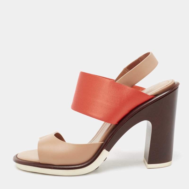 Pre Owned Tod's Beige/Beige Satin And Leather Slingback Block Heel Sandal Size 38.5