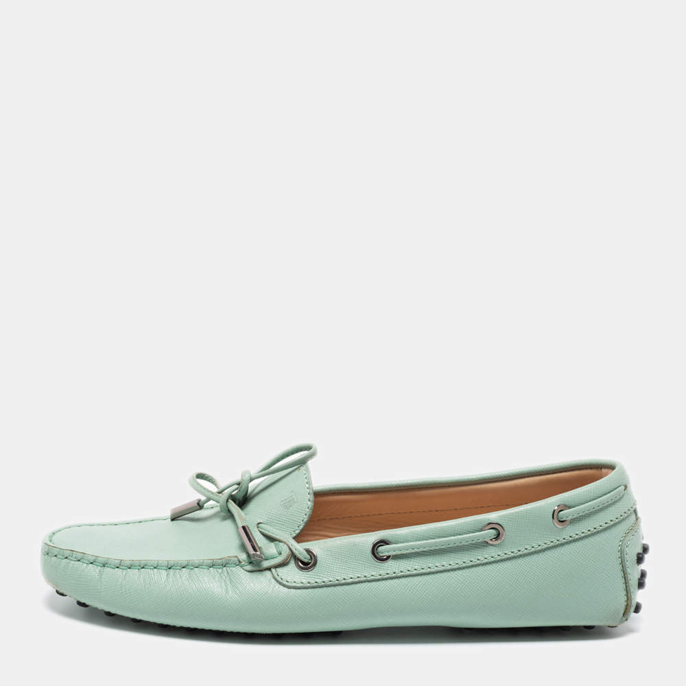 Pre Owned Tod's Mint Green Leather Gommini Bow Slip On Loafers Size 39