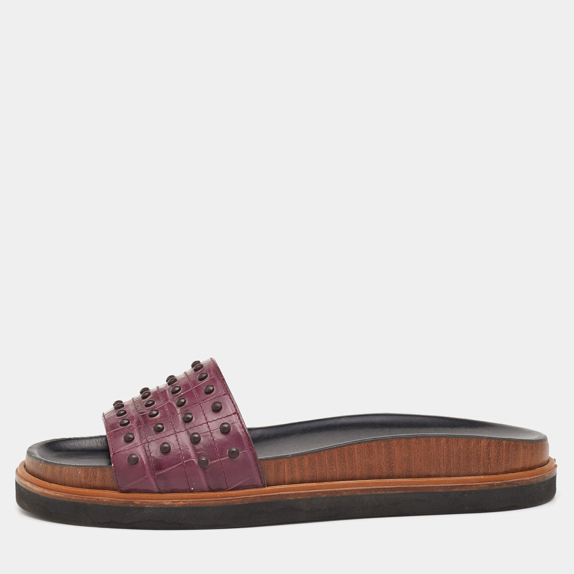 Pre Owned Tod's Burgundy Croc Embossed Leather Studded Flat Slides Size 38