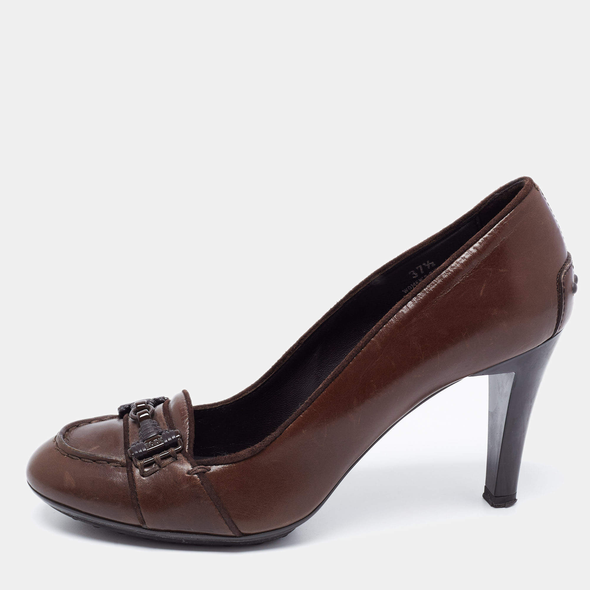 Pre Owned Tod's Dark Brown Leather Double T Loafer Pumps Size 37.5