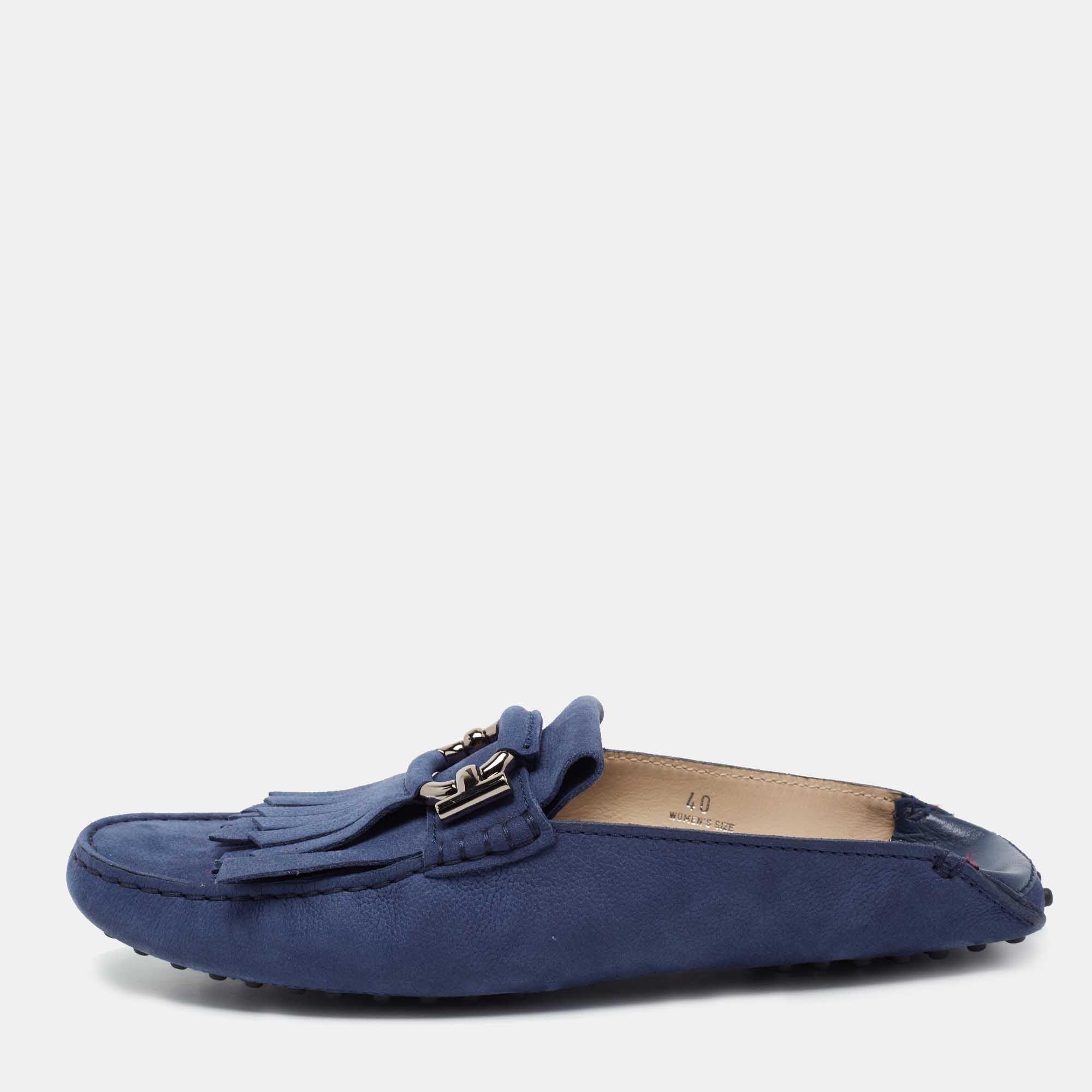 Pre Owned Tod's Blue Nubuck Leather Fringe Flat Mules Size 40