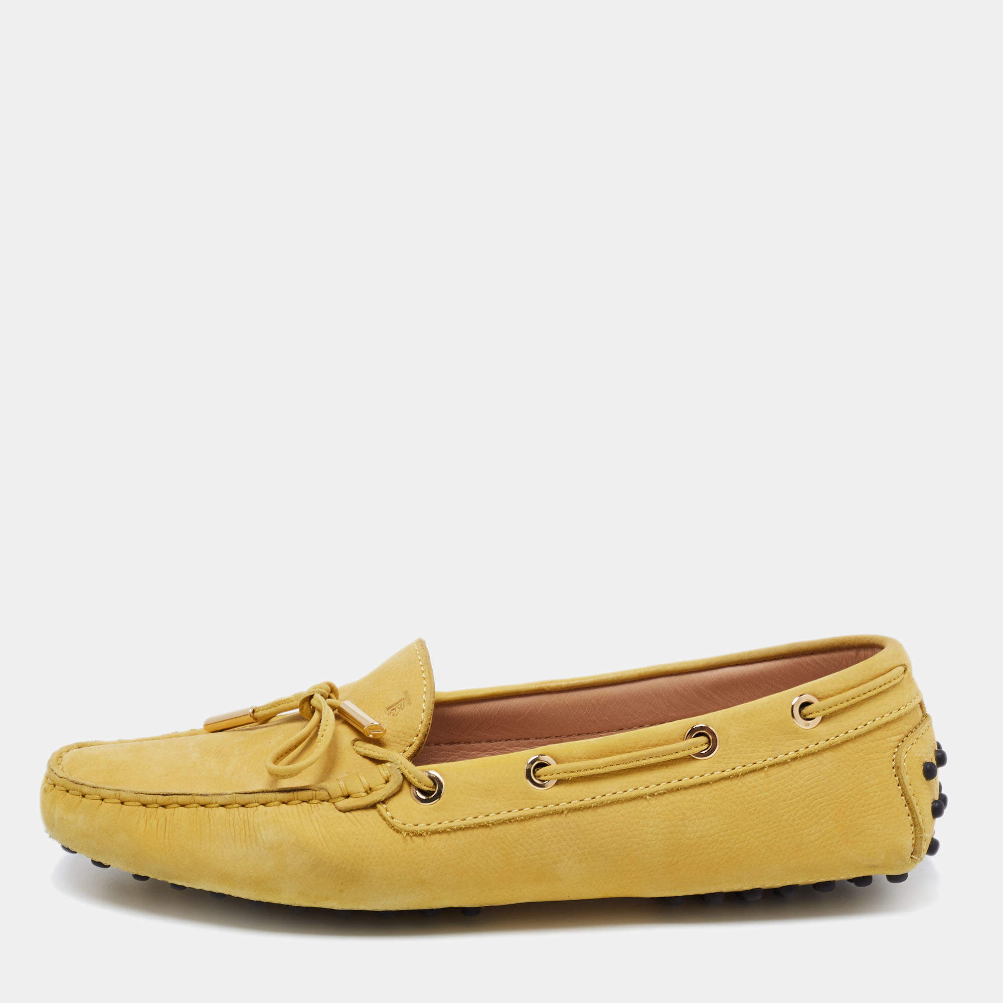 Pre Owned Tod's Yellow Suede Bow Loafers Size 38