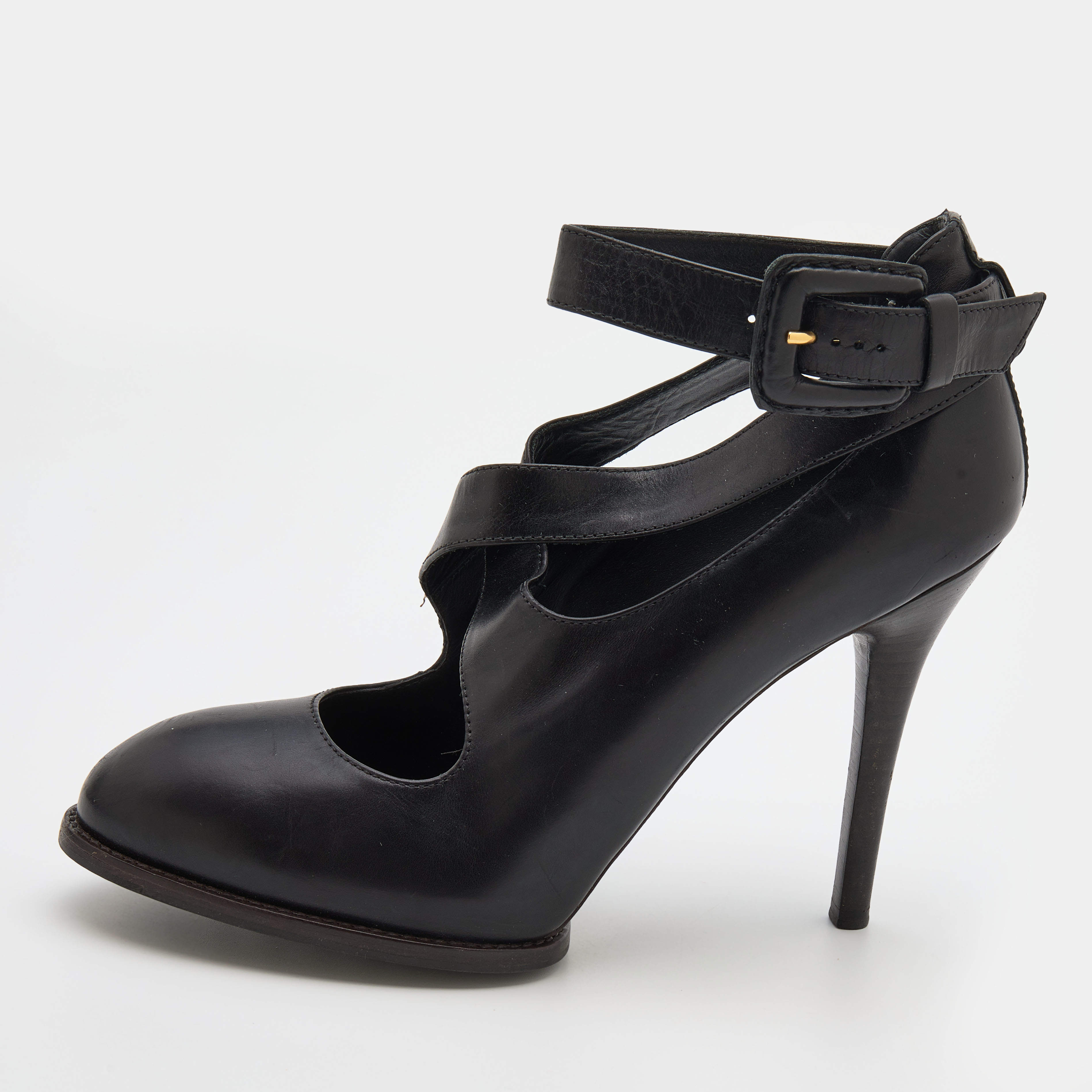 Pre Owned حذاء كعب عالي تودز جلد أسود بسيور متعاكسة مقاس 37.5