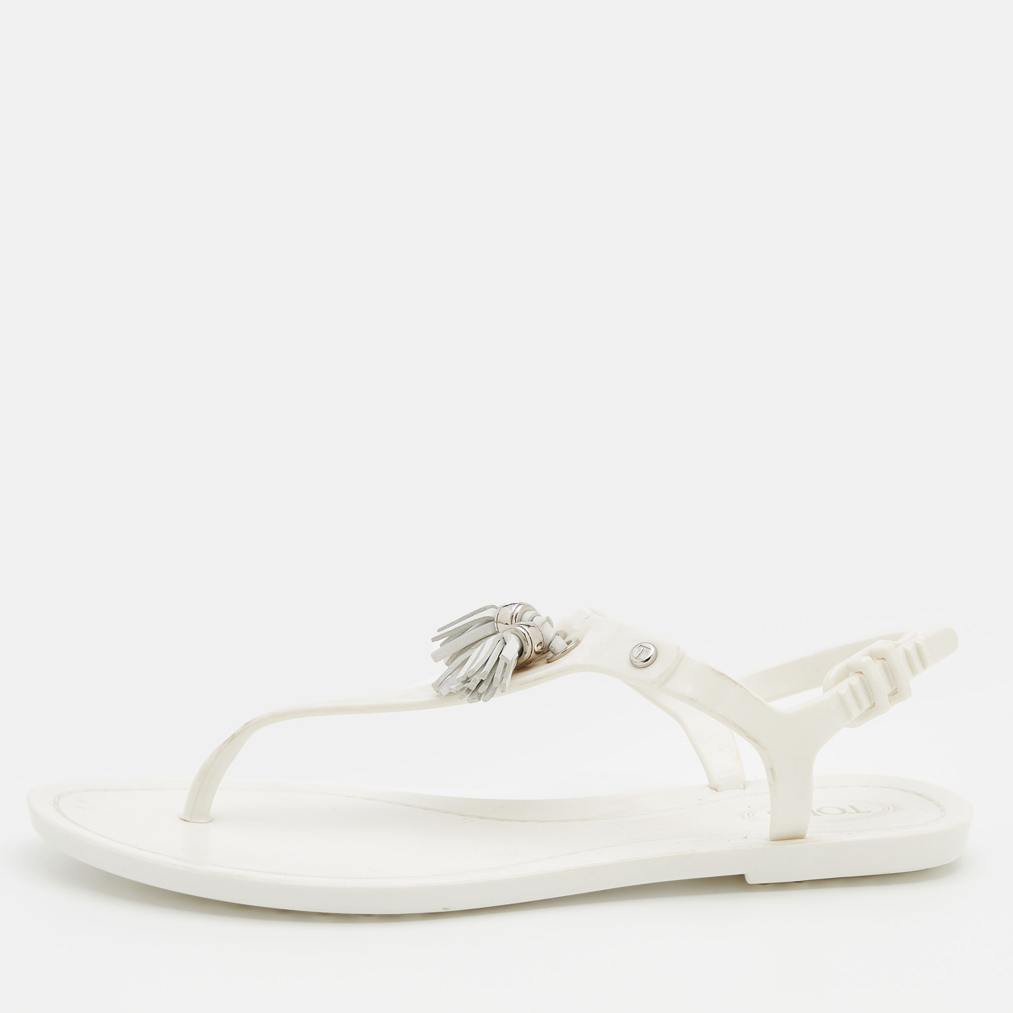 Pre Owned صندل إصبع تودز جيلي أبيض بشراشيب مقاس 37