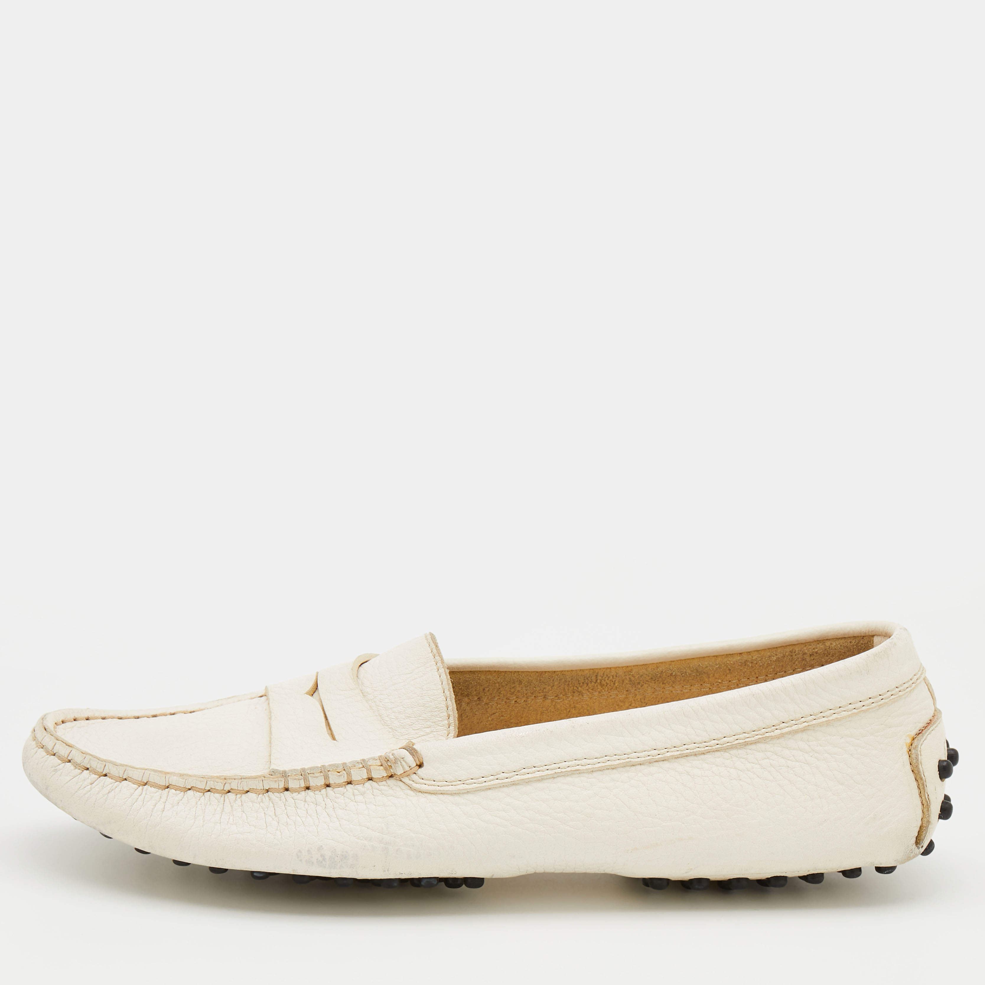 Pre Owned Tod's White Leather Penny Slip On Loafers Size 38.5