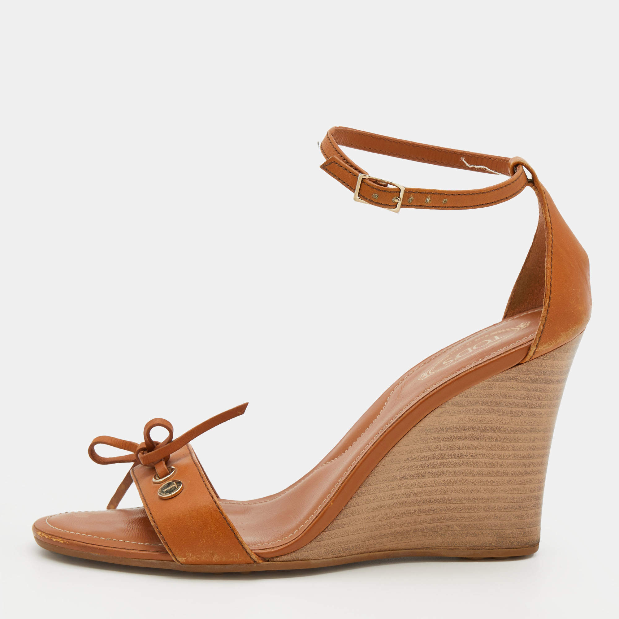 Pre Owned Tod's Brown Leather Bow Ankle Strap Wedge Sandals Size 38