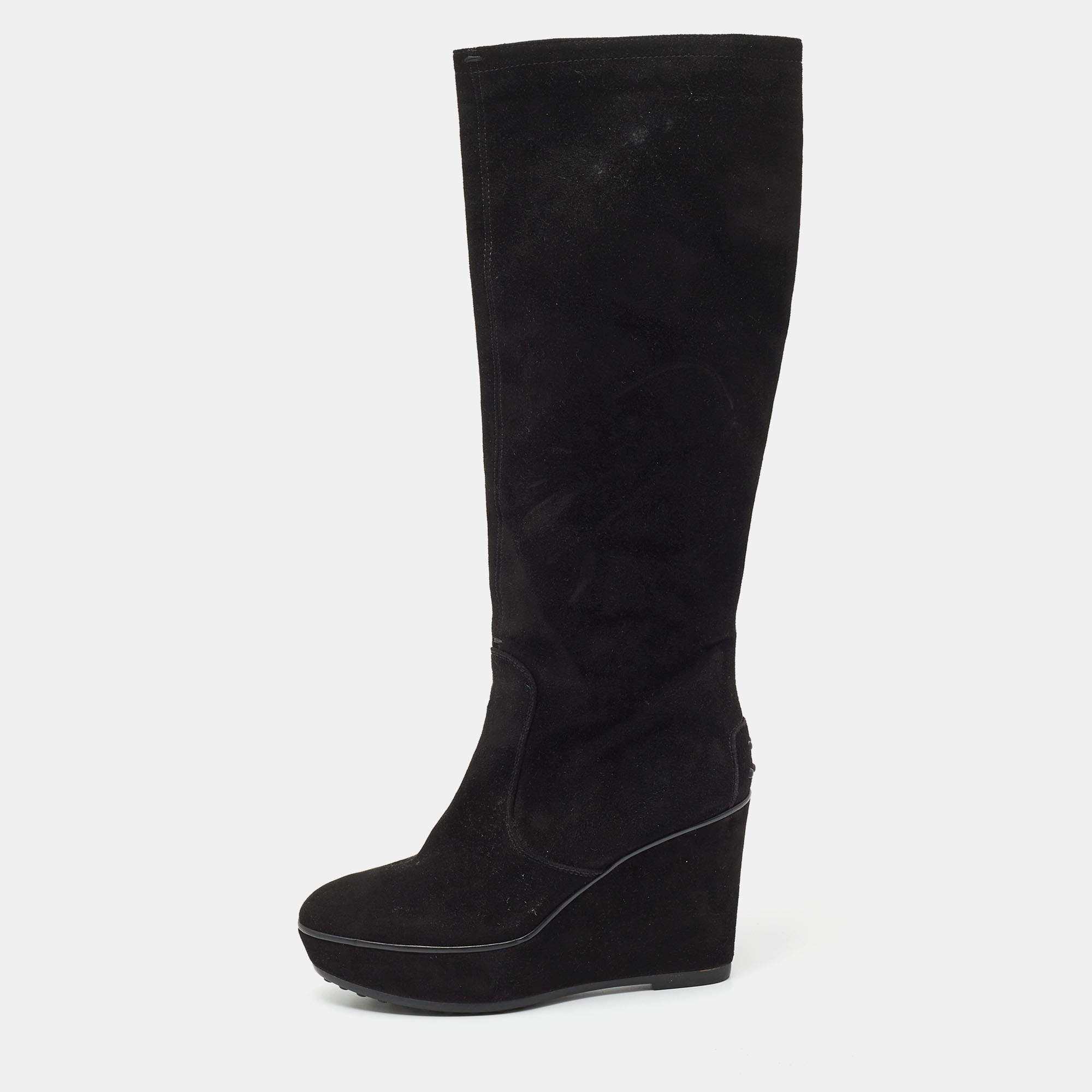 Pre Owned Tod's Black Velvet Zeppa Para Knee Length Boots Size 37