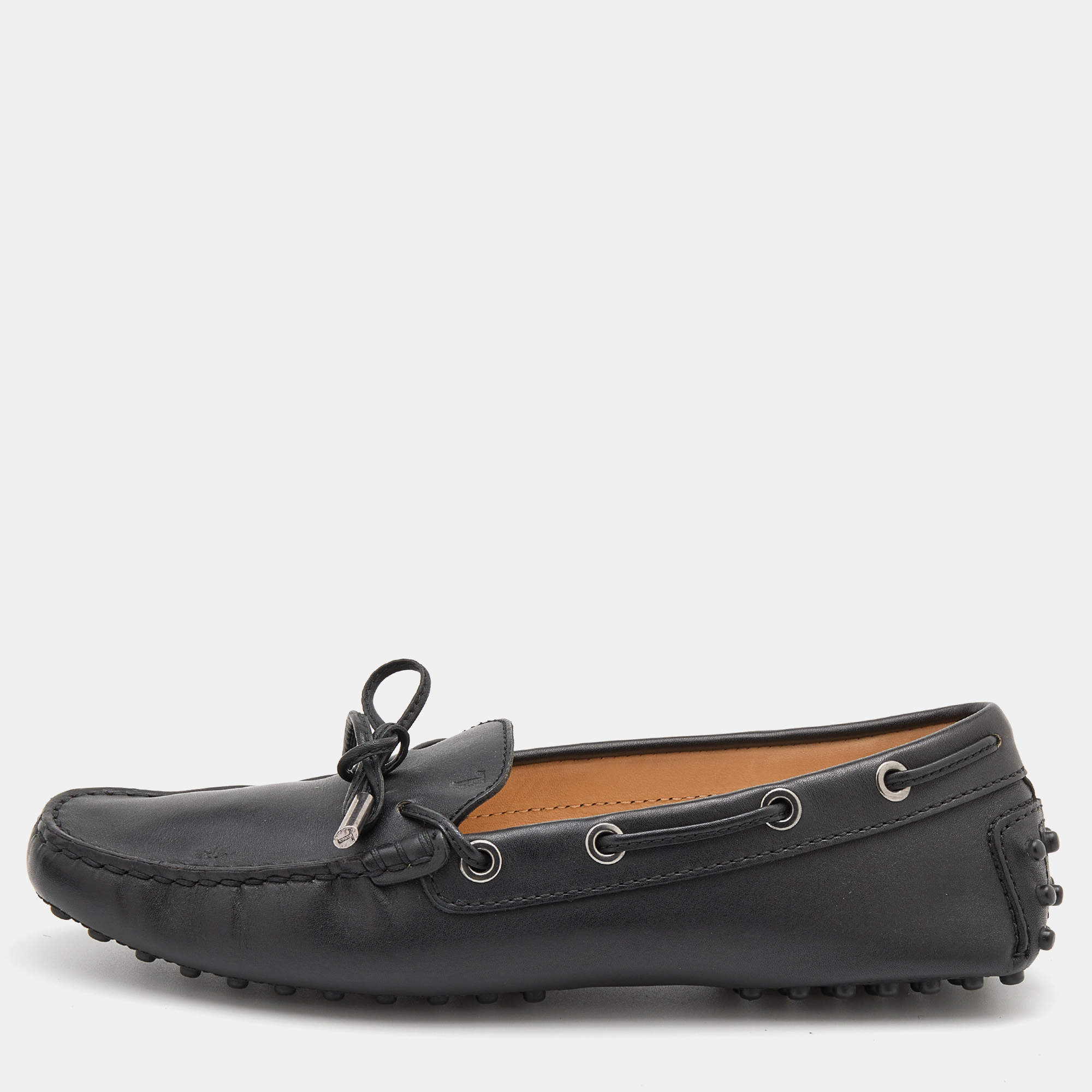 Pre Owned Tod's Black Leather Bow Slip On Loafers Size 37