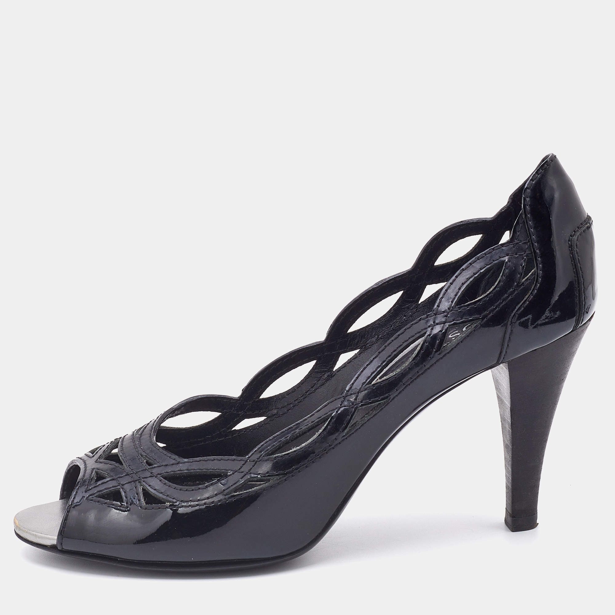 Tod's Black Patent Leather Cut-Out Peep Toe Pumps Size 38.5