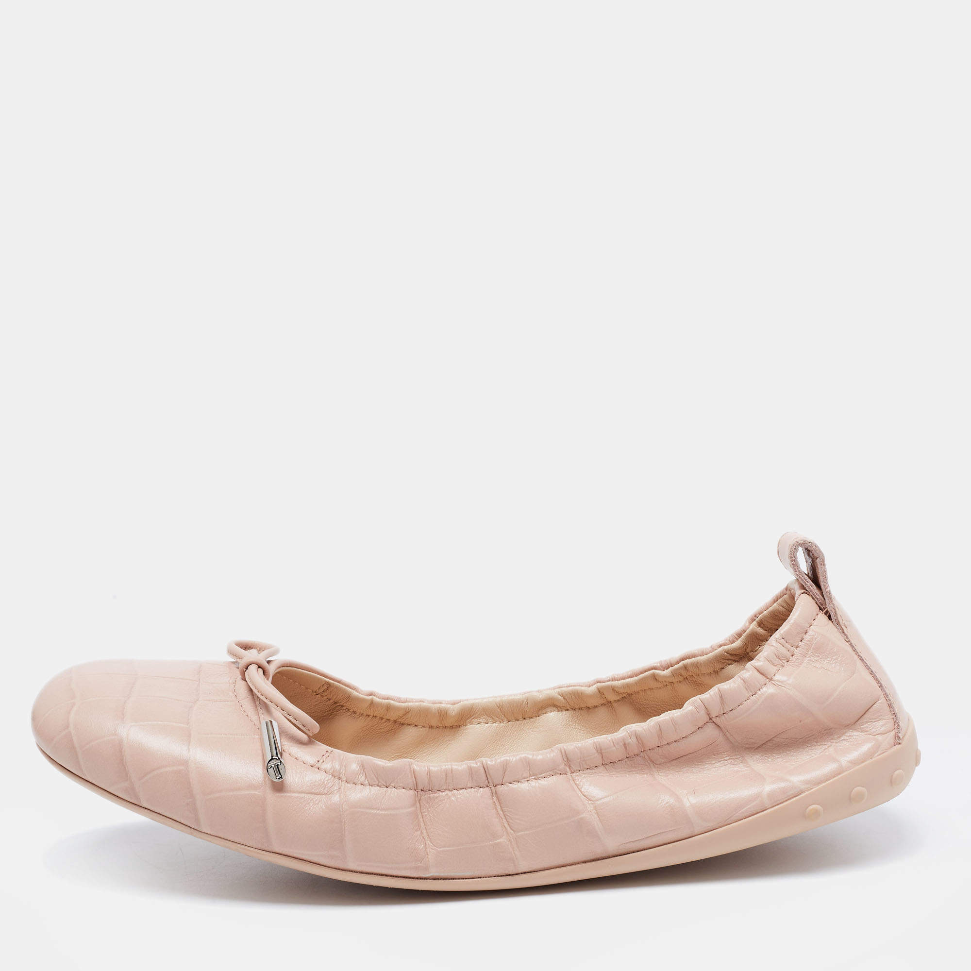 Pre Owned Tod's Pink Croc Embossed Leather Bow Srunch Ballet Flats Size 37