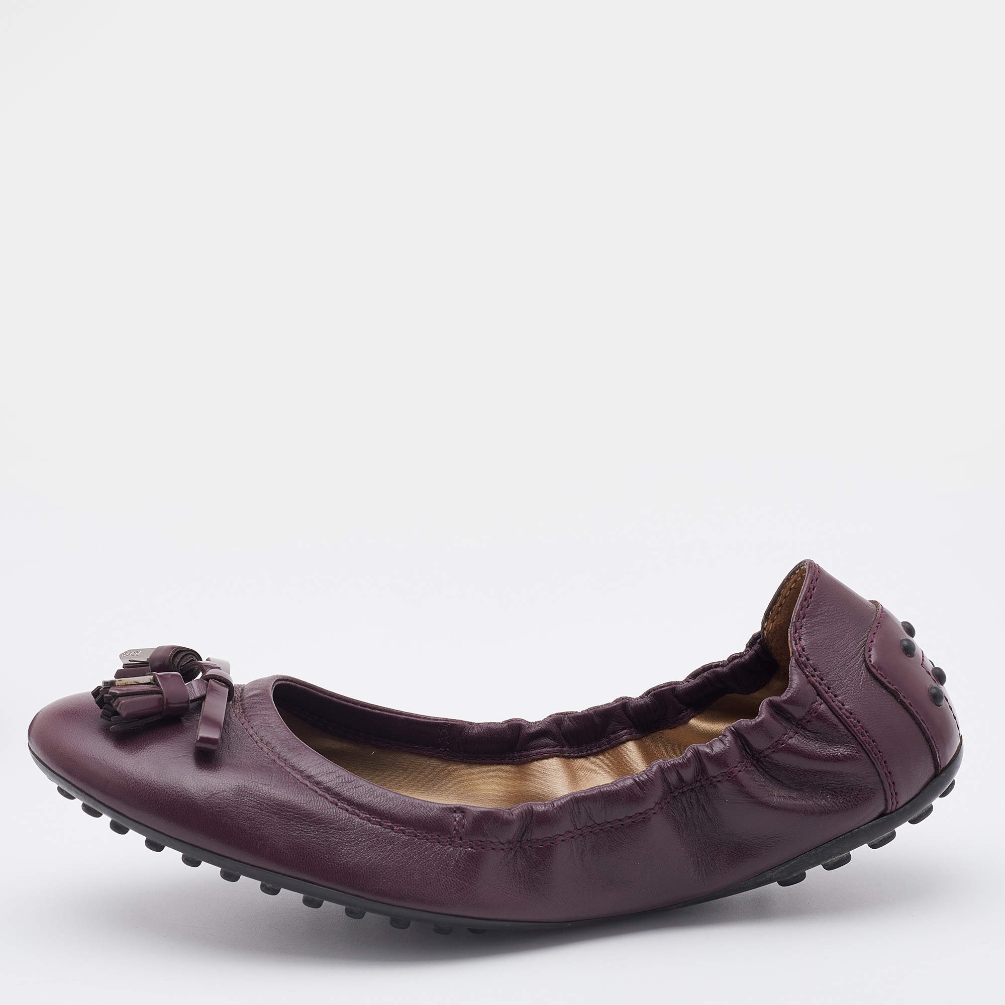 Pre Owned Tod's Plum Leather Bow Scrunch Ballet Flats Size 36