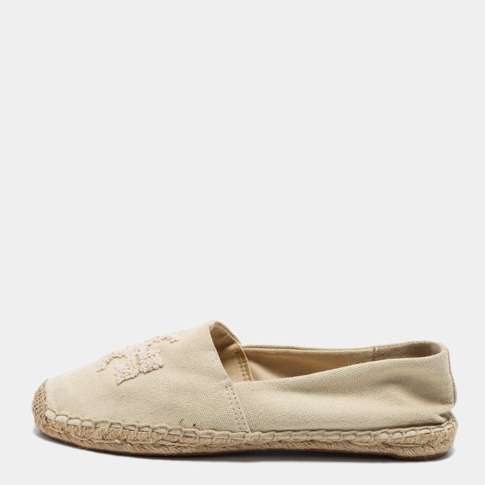 Pre Owned Tory Burch Cream Canvas Espadrille Flats Size 37.5
