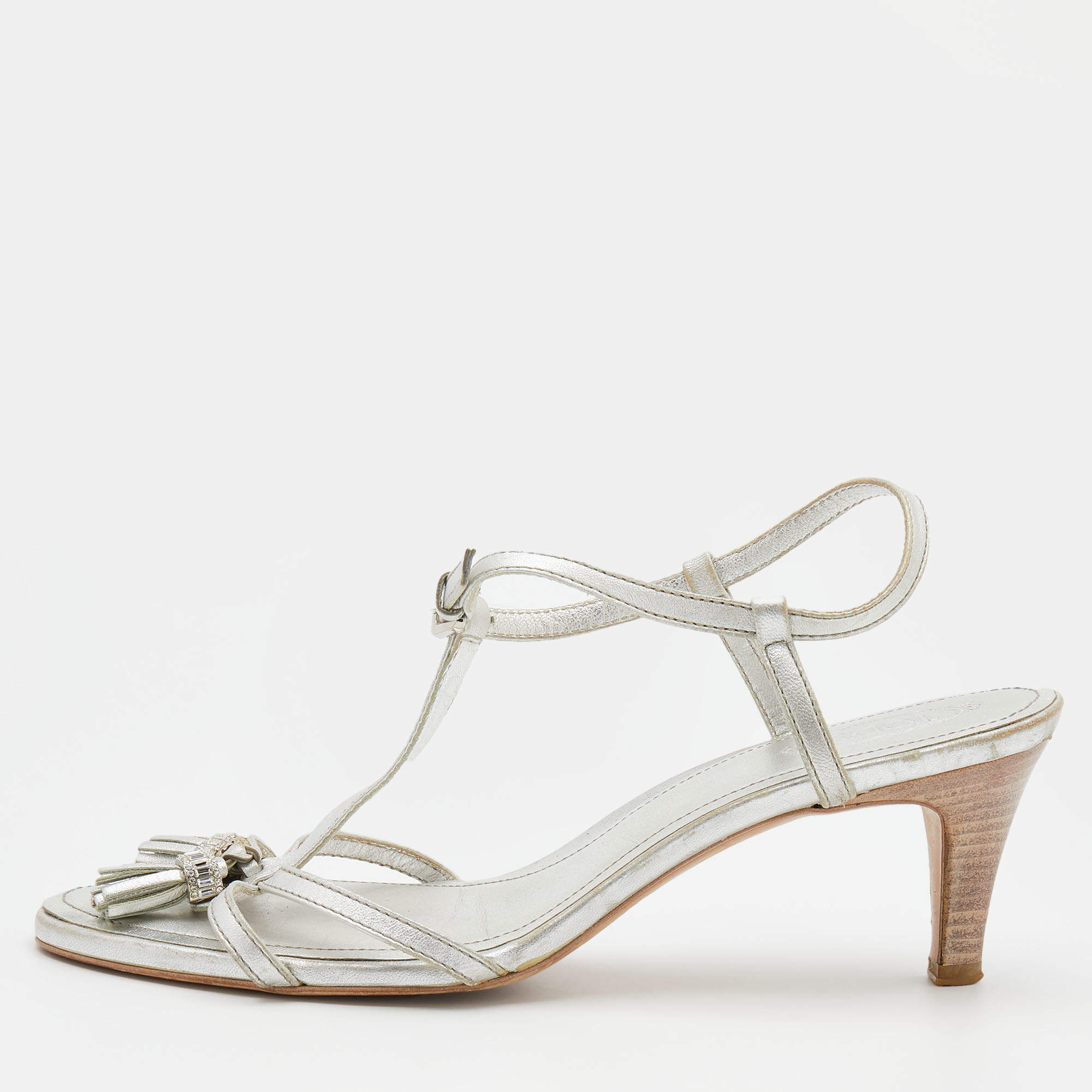 Pre Owned Tod's Silver Leather Embellished Tassel Ankle Strap Sandals Size 38.5