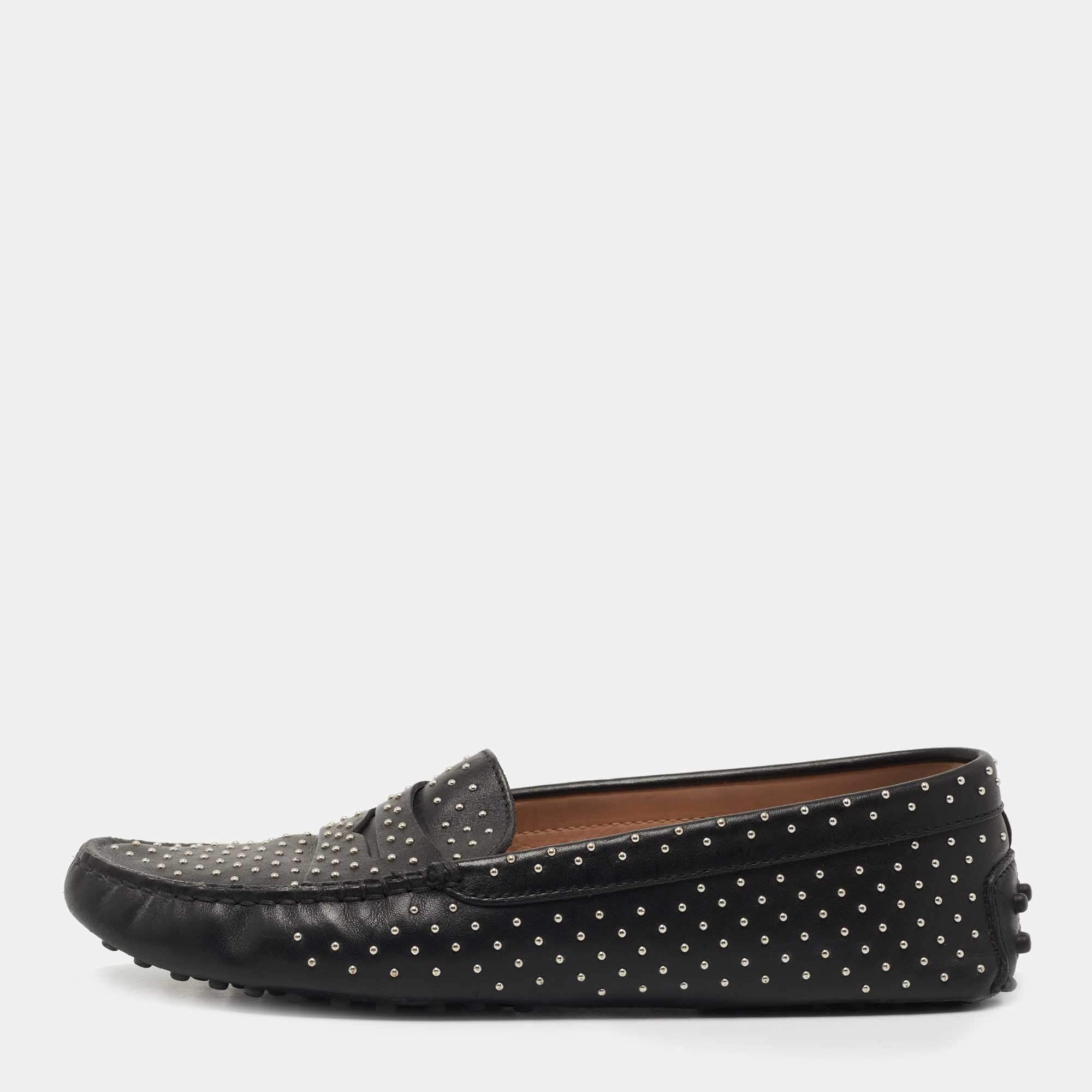 Pre Owned Tod's Black Leather Gommino Loafers Size 38