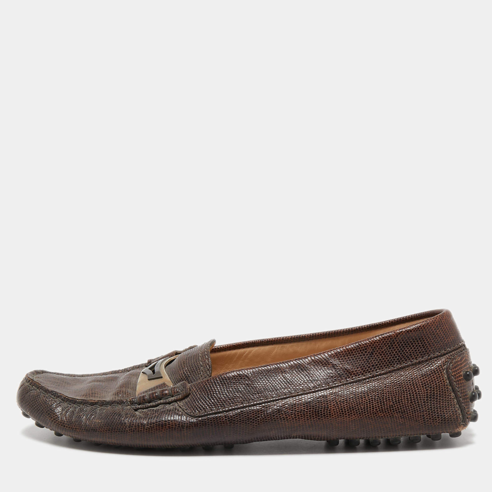 Tod's Dark Brown Lizard Embossed Leather Driver Loafers Size 37.5
