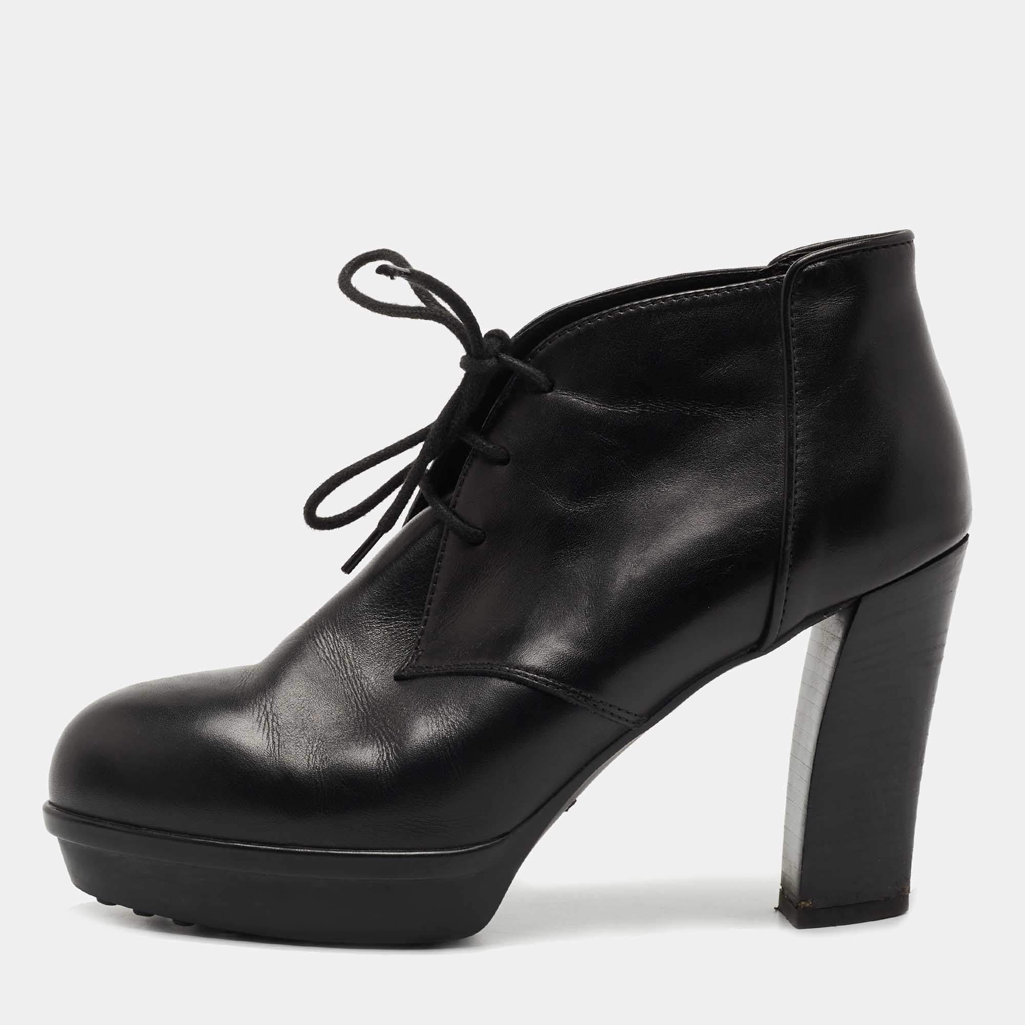 Pre Owned Tod's Black Leather Platform Ankle Booties Size 38