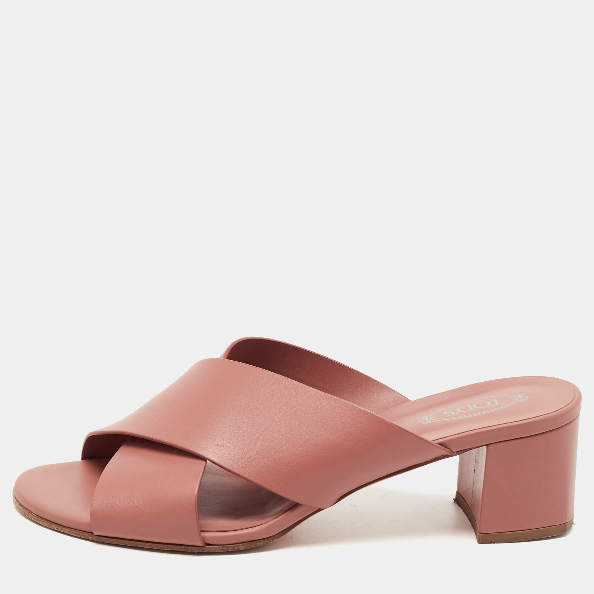 Pre Owned Tod's Brown Leather Crisscross Slide Sandals Size 40