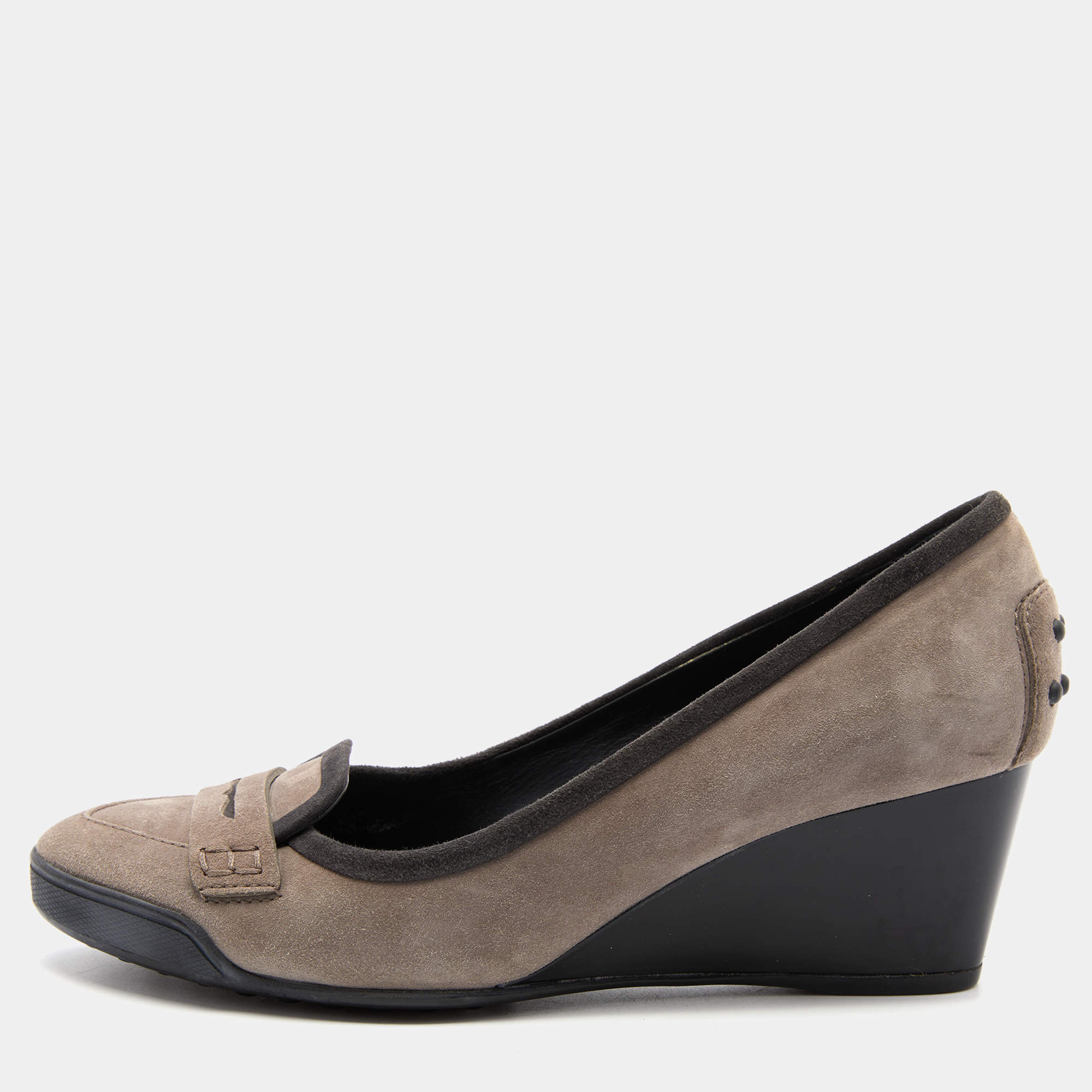 Pre Owned Tod's Grey Suede Penny Loafer Wedge Pumps Size 36