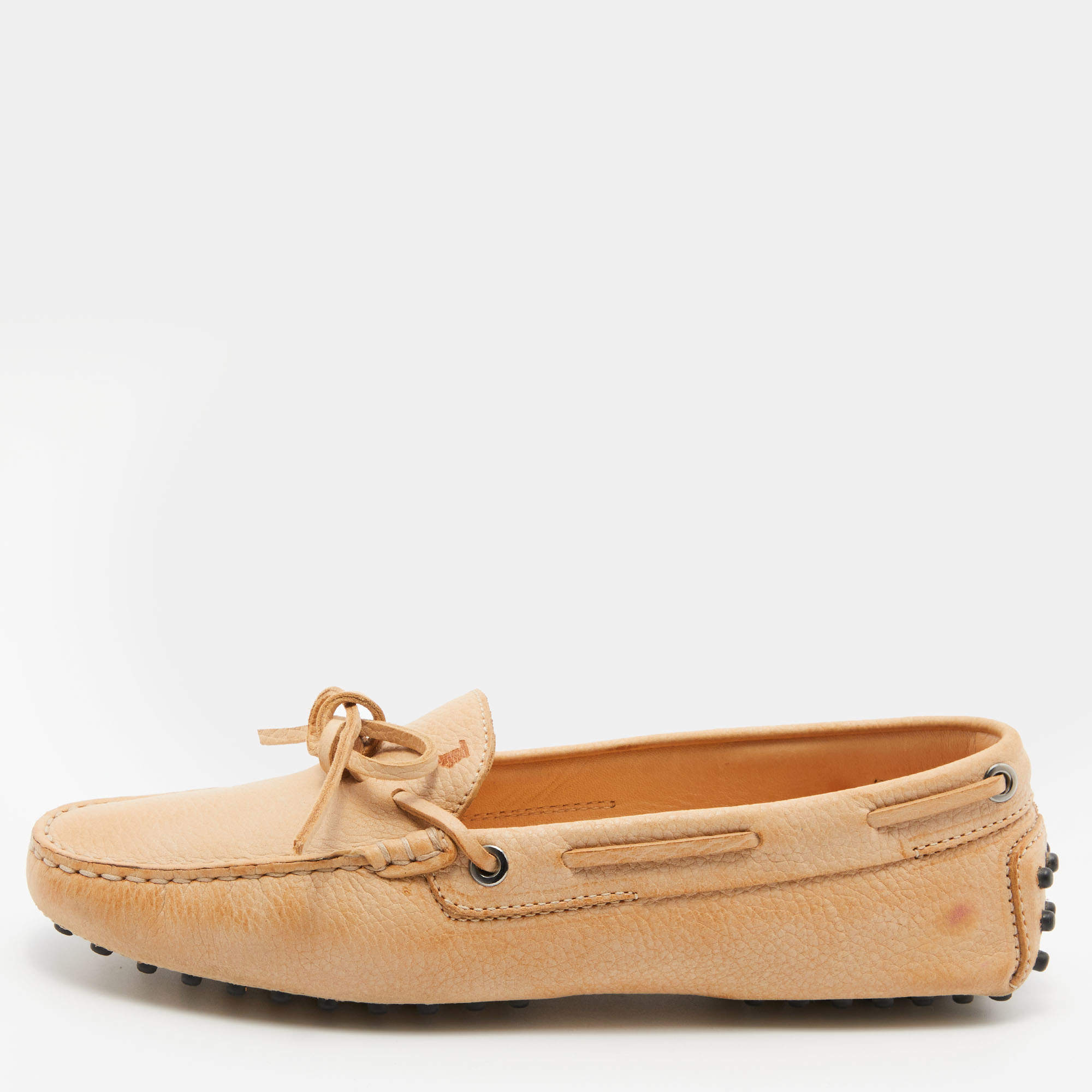 Pre Owned Tod's Beige Leather Bow Slip On Loafers Size 38
