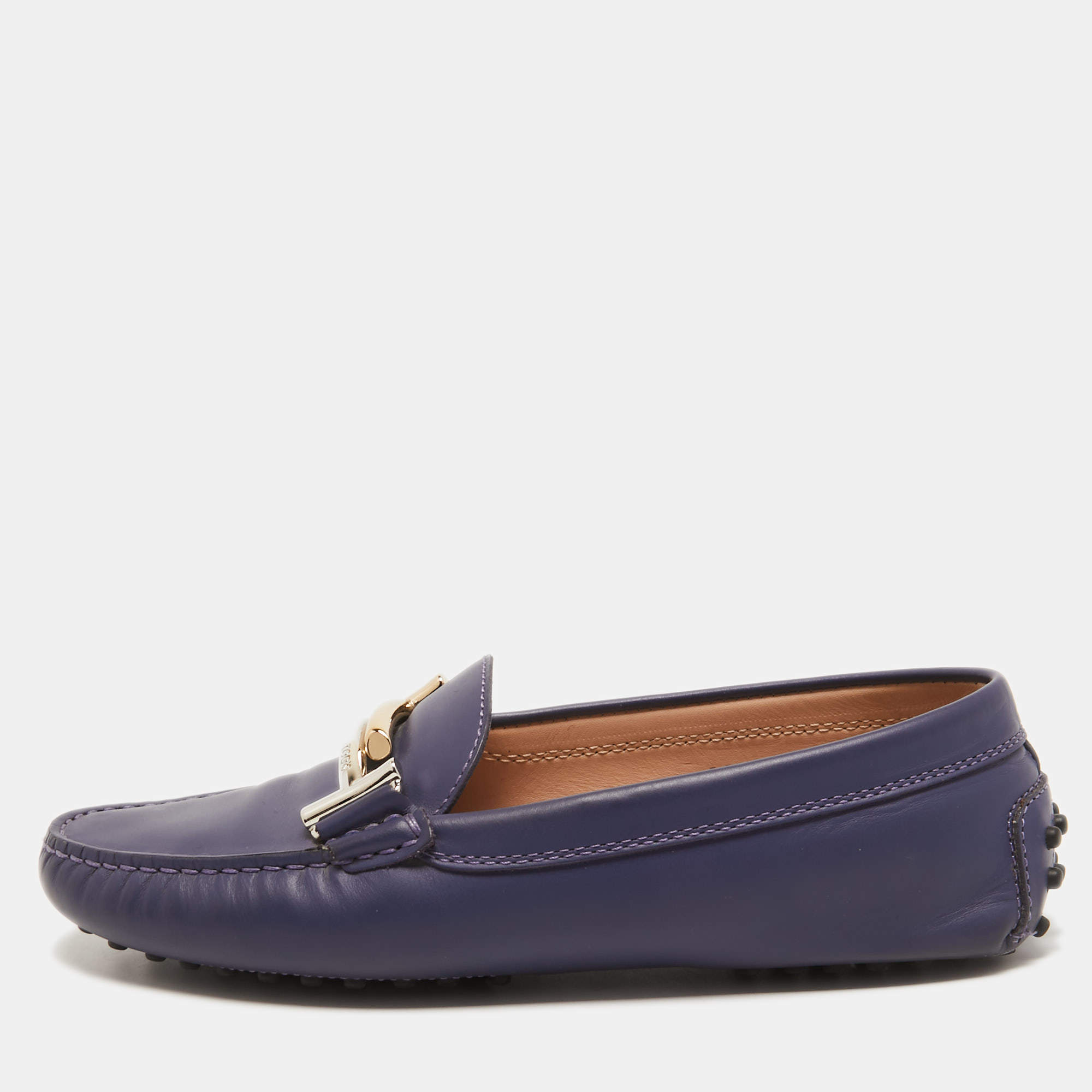 Pre Owned Tod's Blue Leather Double T Slip On Loafers Size 36.5