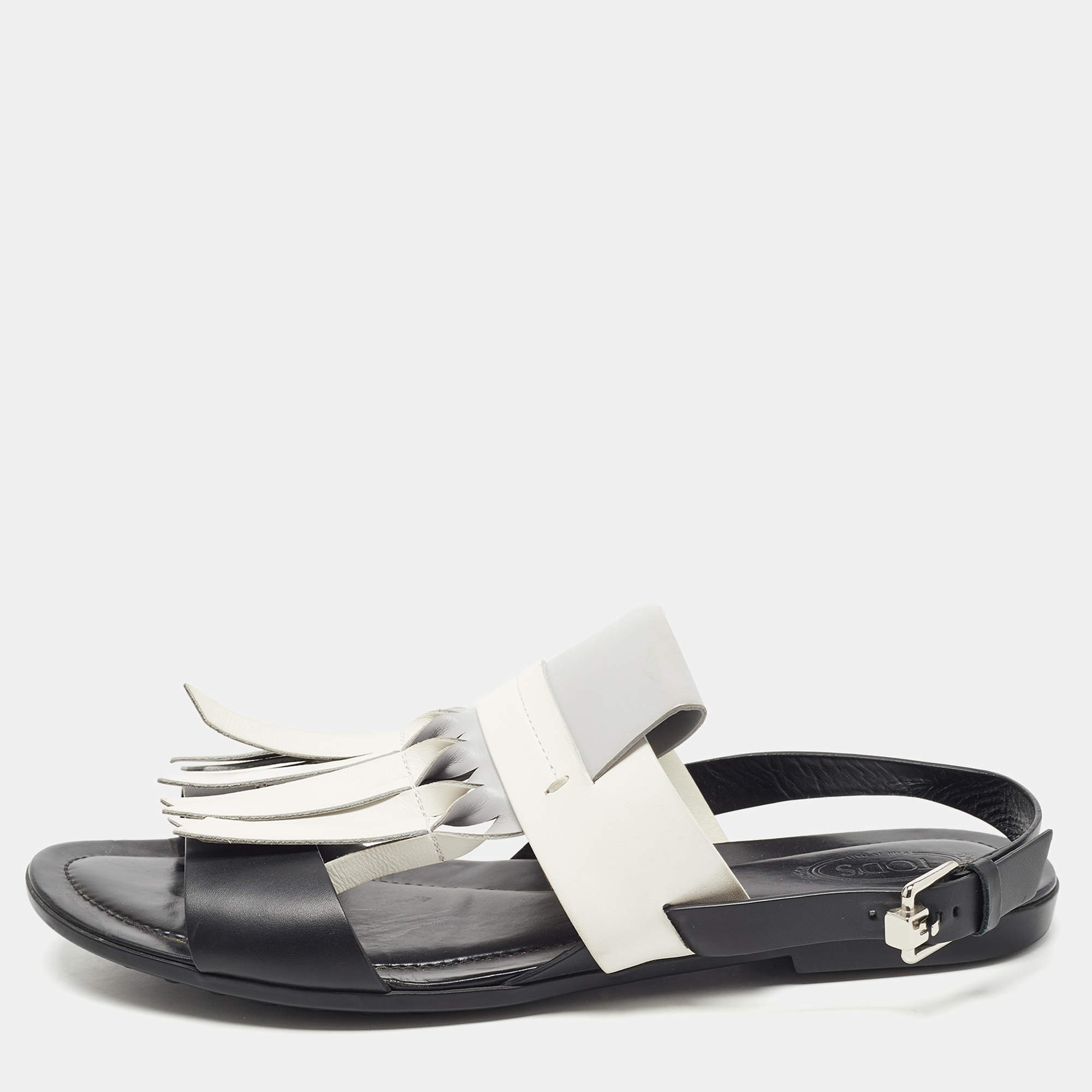 Pre Owned Tod's Tricolor Leather Fringe Slingback Flat Sandals Size 40